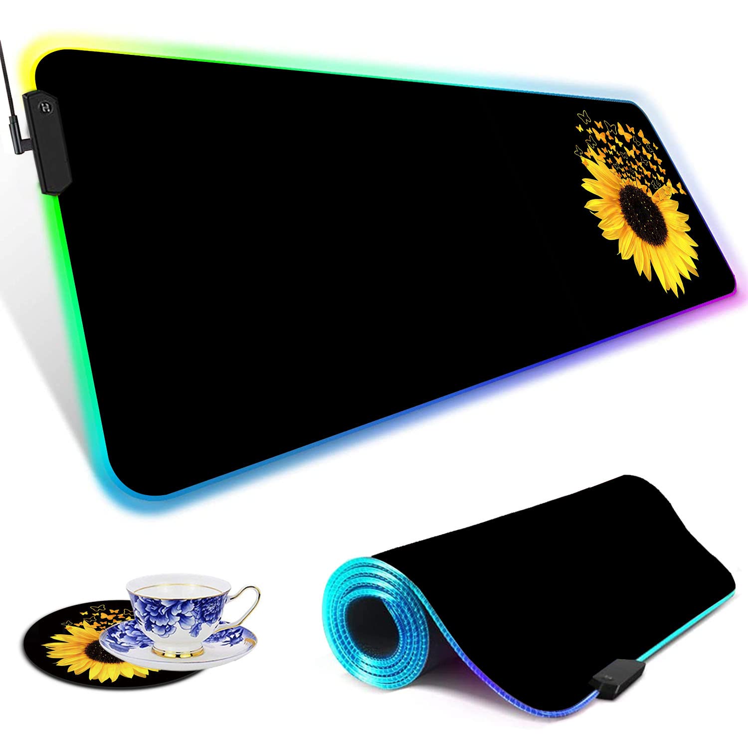 RGB Gaming Mouse Pad - Large LED Light-Up Desk Mat with Non-Slip Waterproof Surface for PC Gaming, Office Work & Home Use | Sunflower Butterfly Design