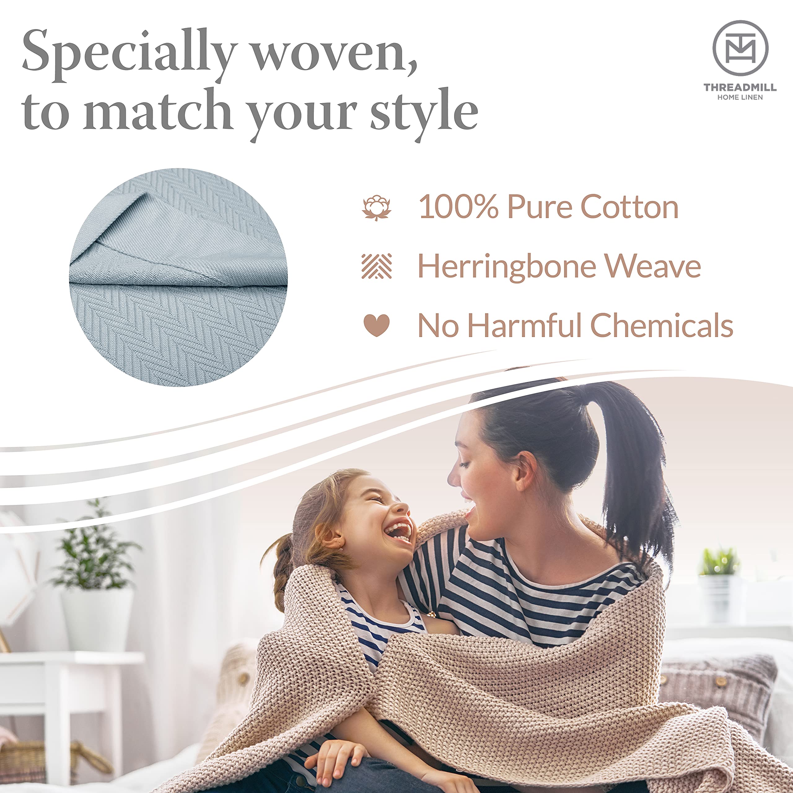 Premium 100% Cotton Twin Size Blanket - Soft & Cozy Herringbone Thermal Blanket for All Seasons | 350GSM Luxury Bed Blanket, 68x92 Inches in Tusk White | Perfect for Fall, Winter & Year-Round Comfort in Bedroom, Living Room or Dorm