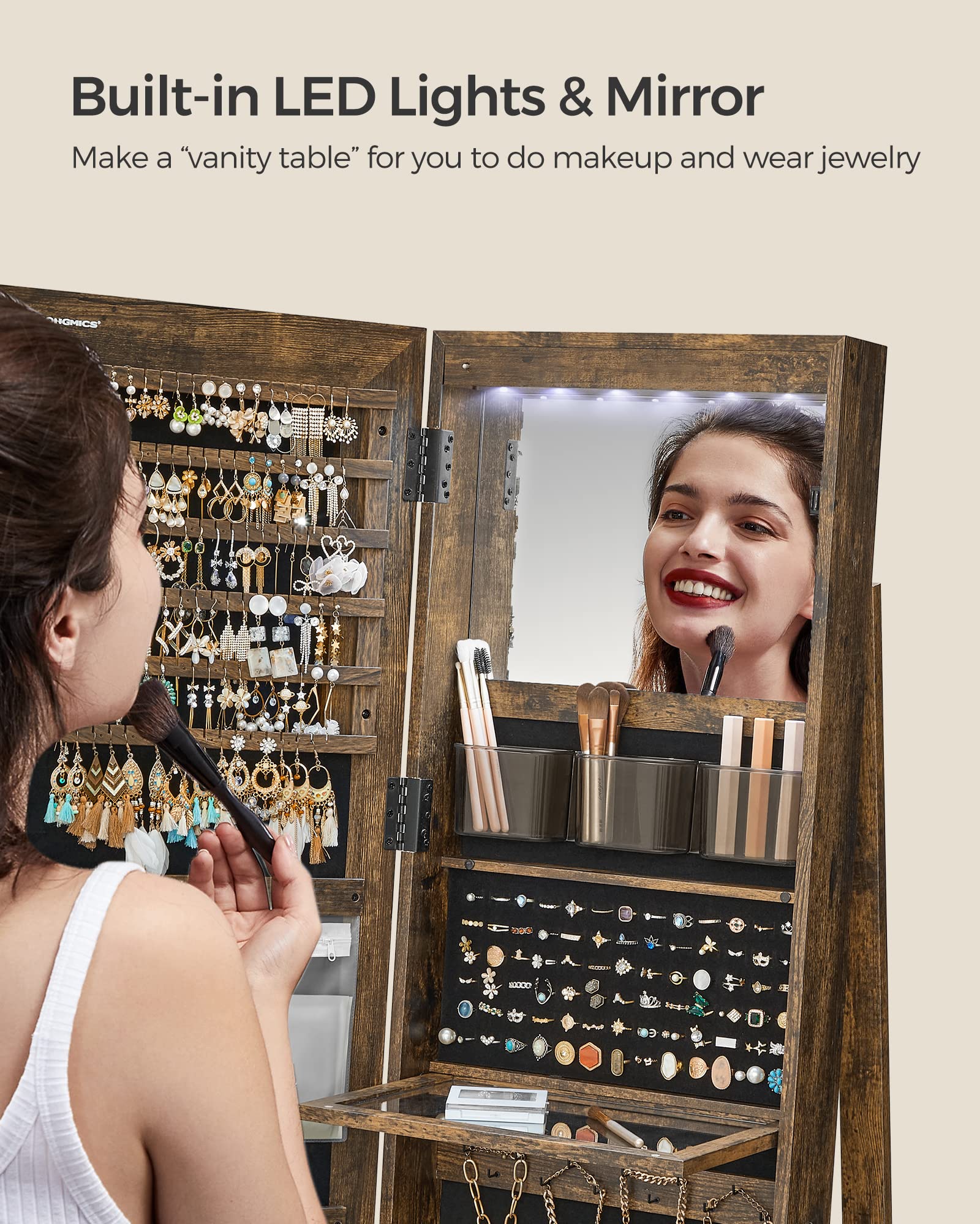 SONGMICS LED Jewelry Armoire with Full-Length Mirror - Lockable Standing Jewelry Cabinet with Adjustable Lighting, Rustic Brown UJJC008X01 - Perfect for Bedroom, Closet & Gift Giving