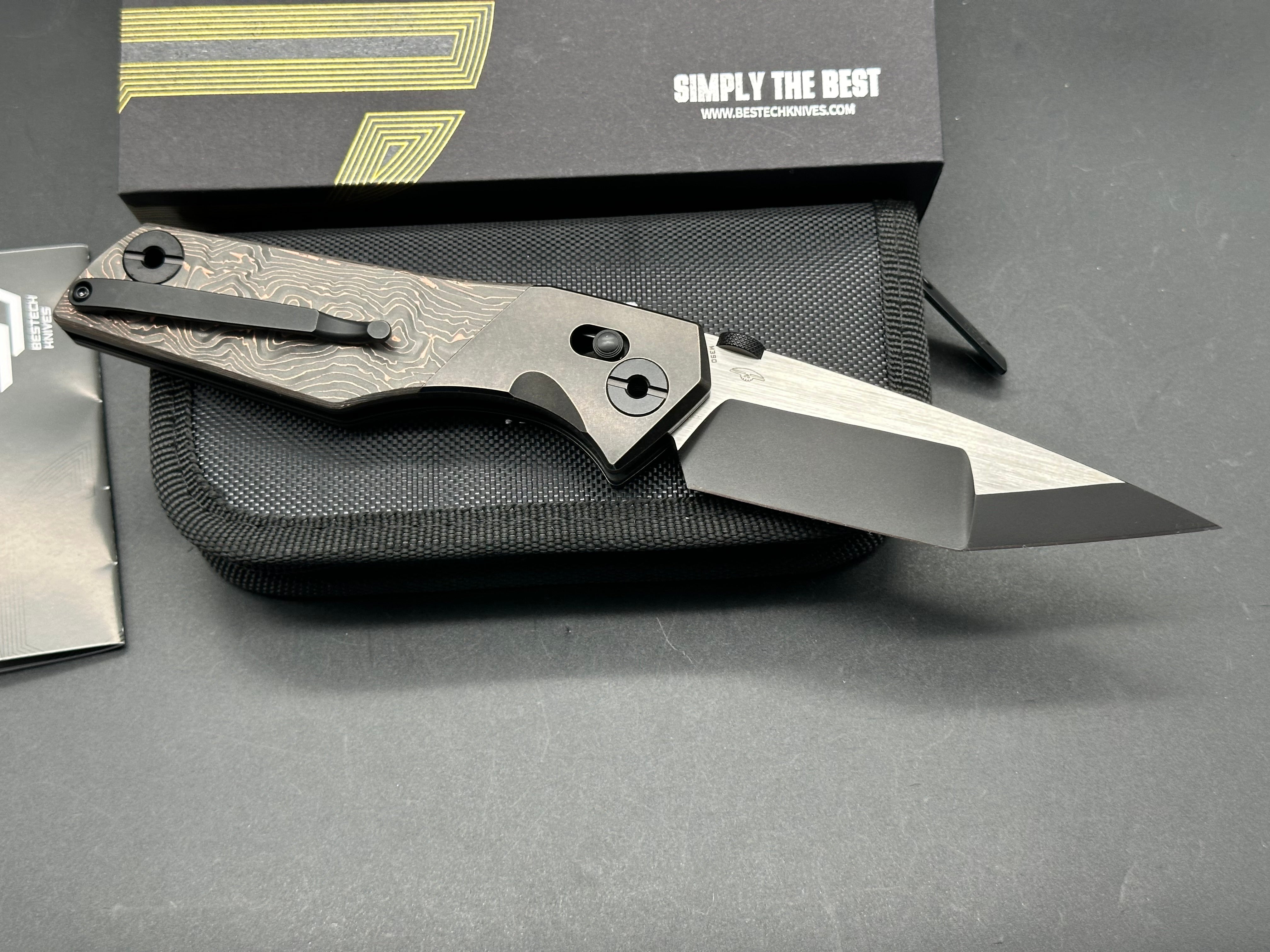 Bestech Poltergeist Works Cetus Folding Knife - Copper Foil Handle with Bronze Ti Bolster, Two-Tone Satin & DLC Black M390 Blade - EDC, Outdoor, Camping, Survival Gear