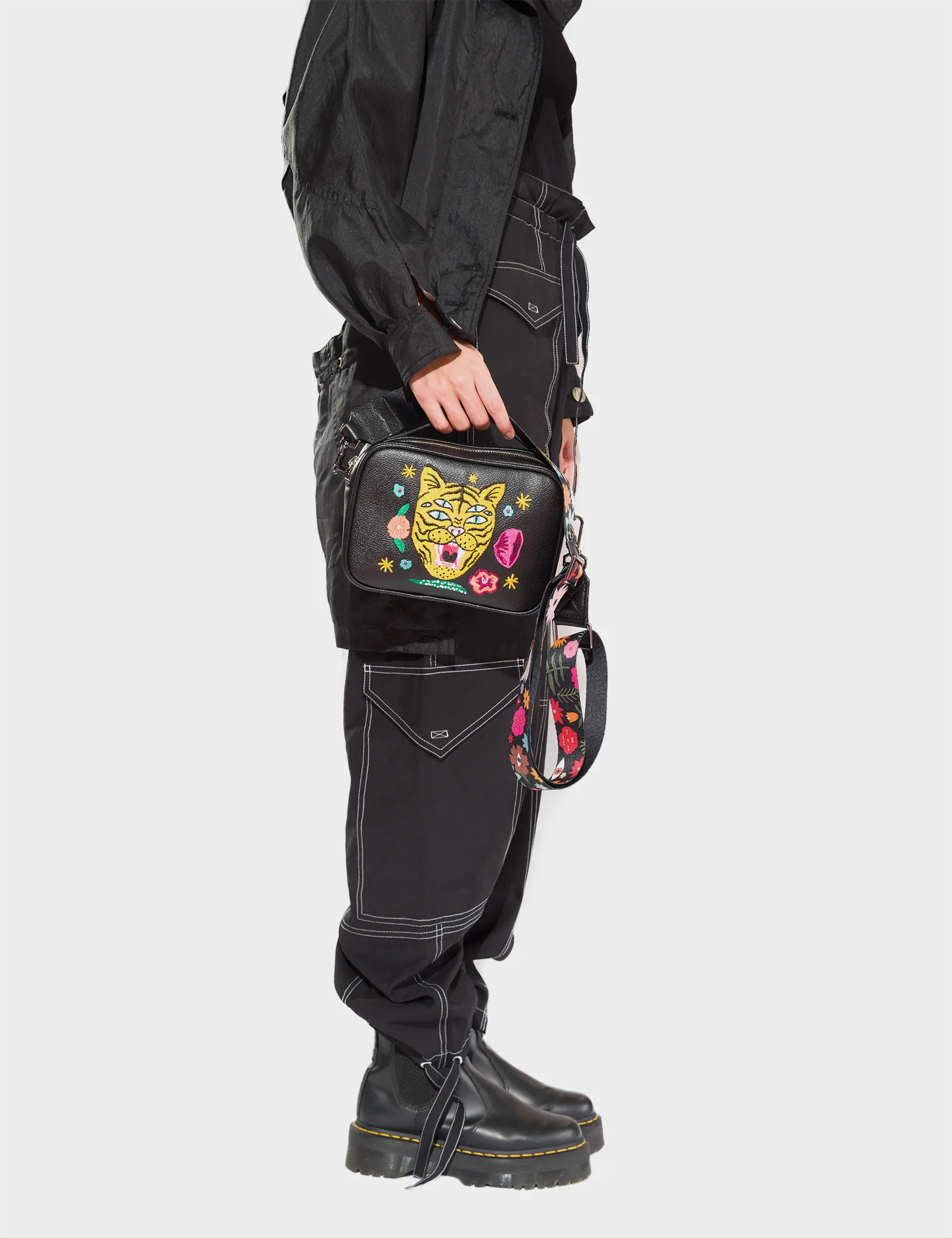 Verto Black Leather Crossbody Bag with Tiger and Flowers Embroidery - Stylish Women's Purse for Daily Use, Travel & Shopping