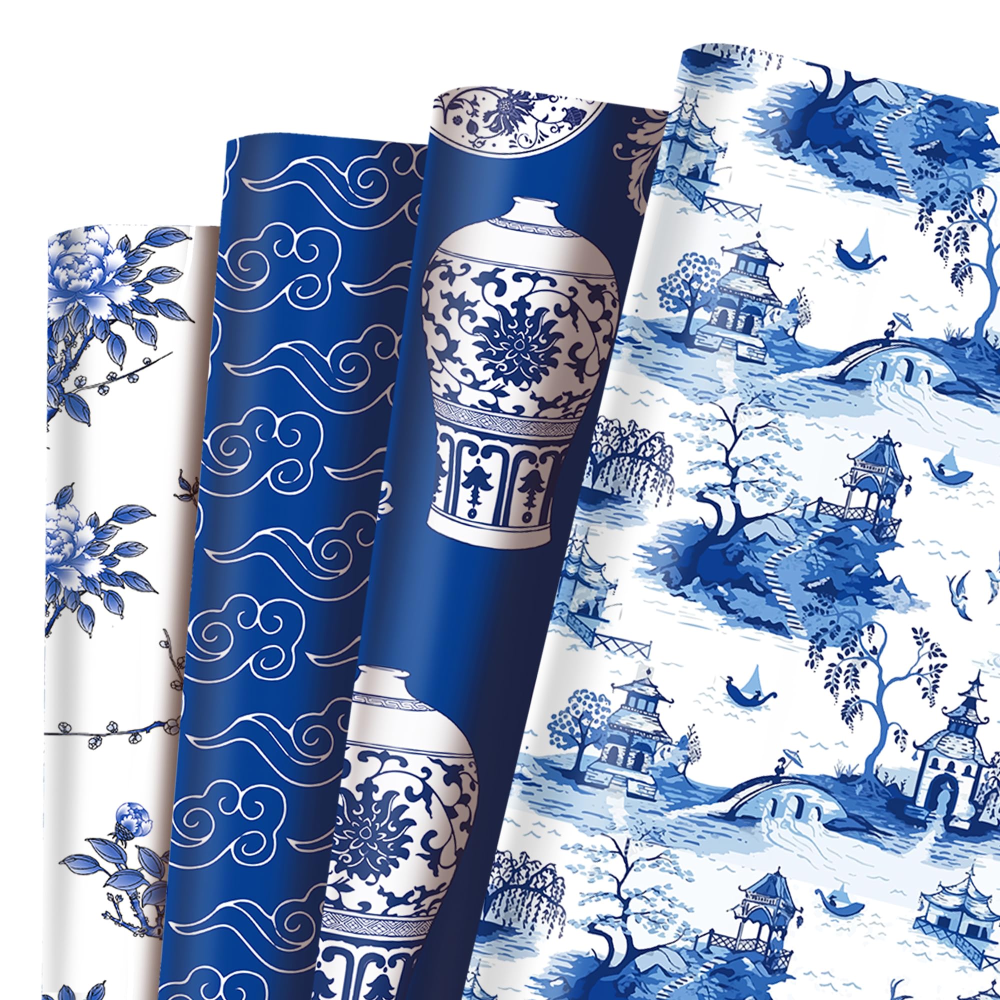 Bolsome 12 Sheets 27x20 Inch Blue White Peony Porcelain Chinoiserie Wrapping Paper - Oriental Aesthetic Gift Wrap for Birthday, Wedding, Bridal Shower, DIY Crafts | Perfect for Gift Packaging, Scrapbooking, and Home Decor