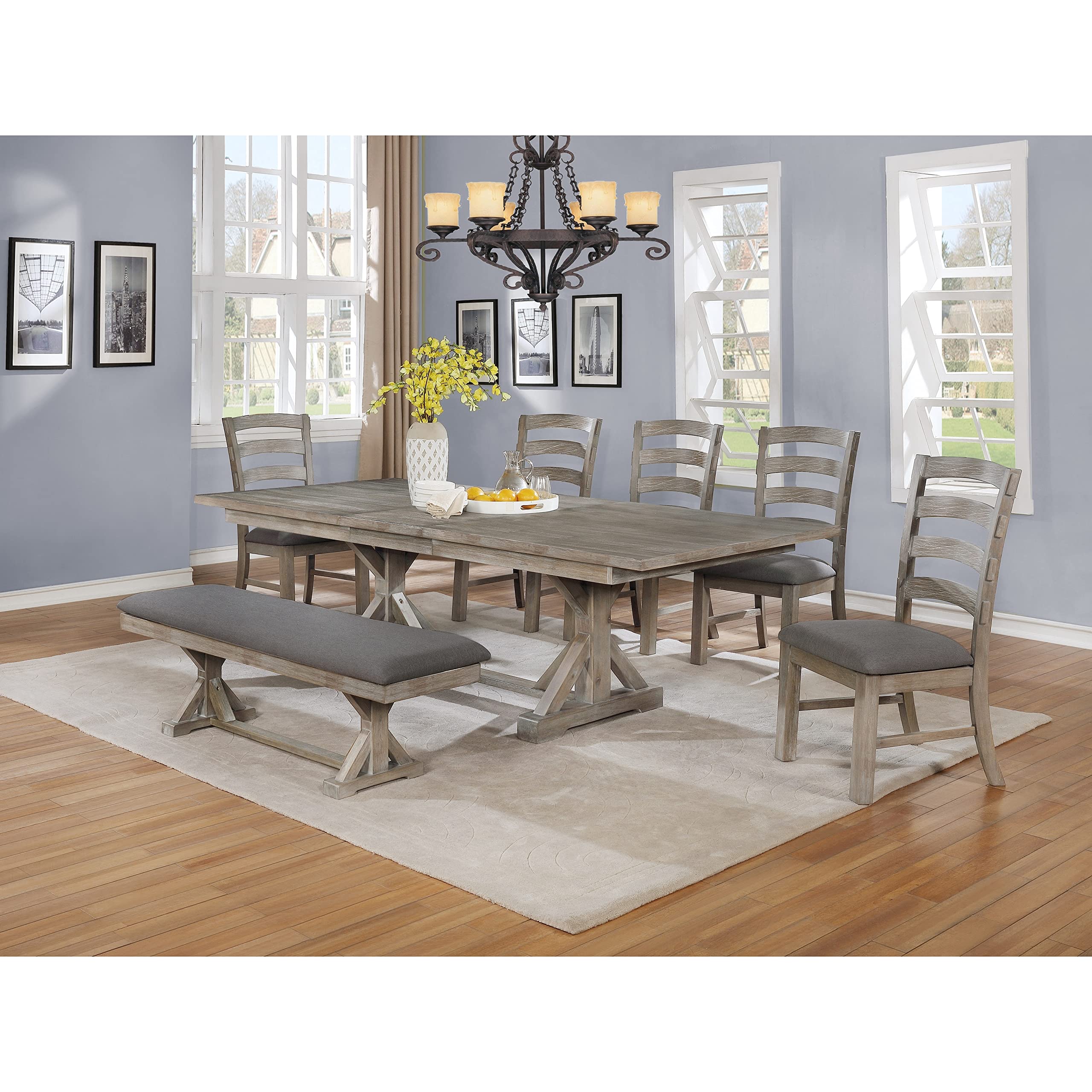 Premium 7-Piece Dining Room Set with Table, Bench & 5 Chairs - Modern Gray Wooden Furniture for Kitchen, Dining Room & Small Spaces