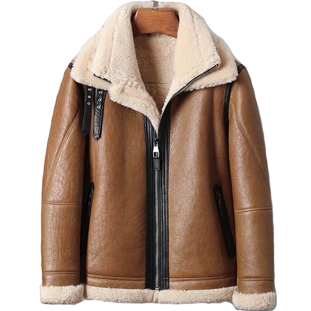 Denny&Dora Men's B3 Bomber Shearling Jacket - Natural Leather Winter Coat with Short Fur for Outdoor Adventures and Casual Wear
