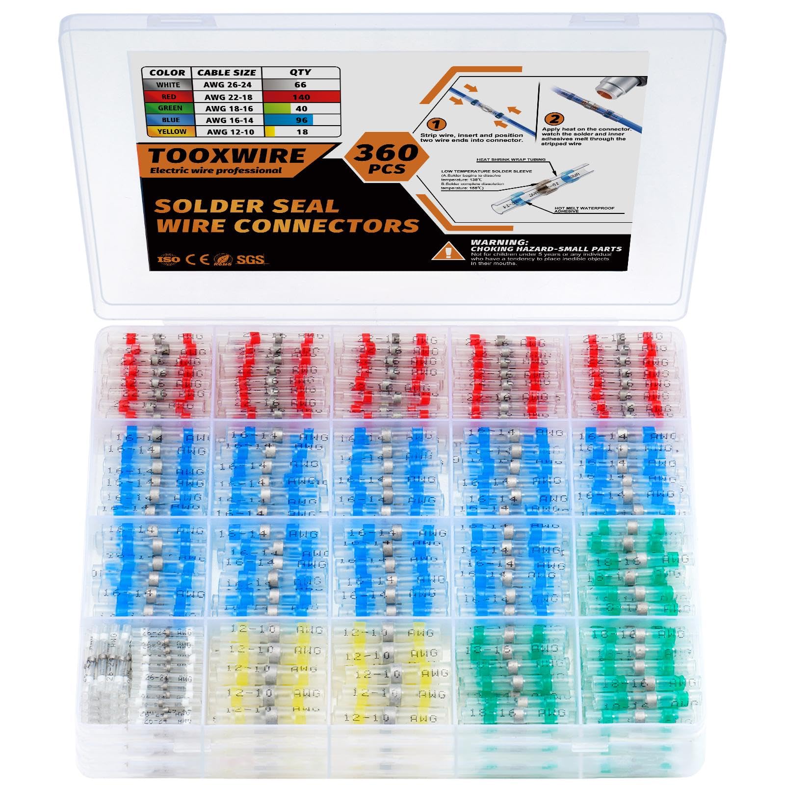 360PCS Solder Seal Wire Connectors - Heat Shrink Self Stick Solderless Electrical Connectors for Marine, Automotive, Boat, RV & DIY Projects | Waterproof Wire Splice Kit for Outdoor & Harsh Environments