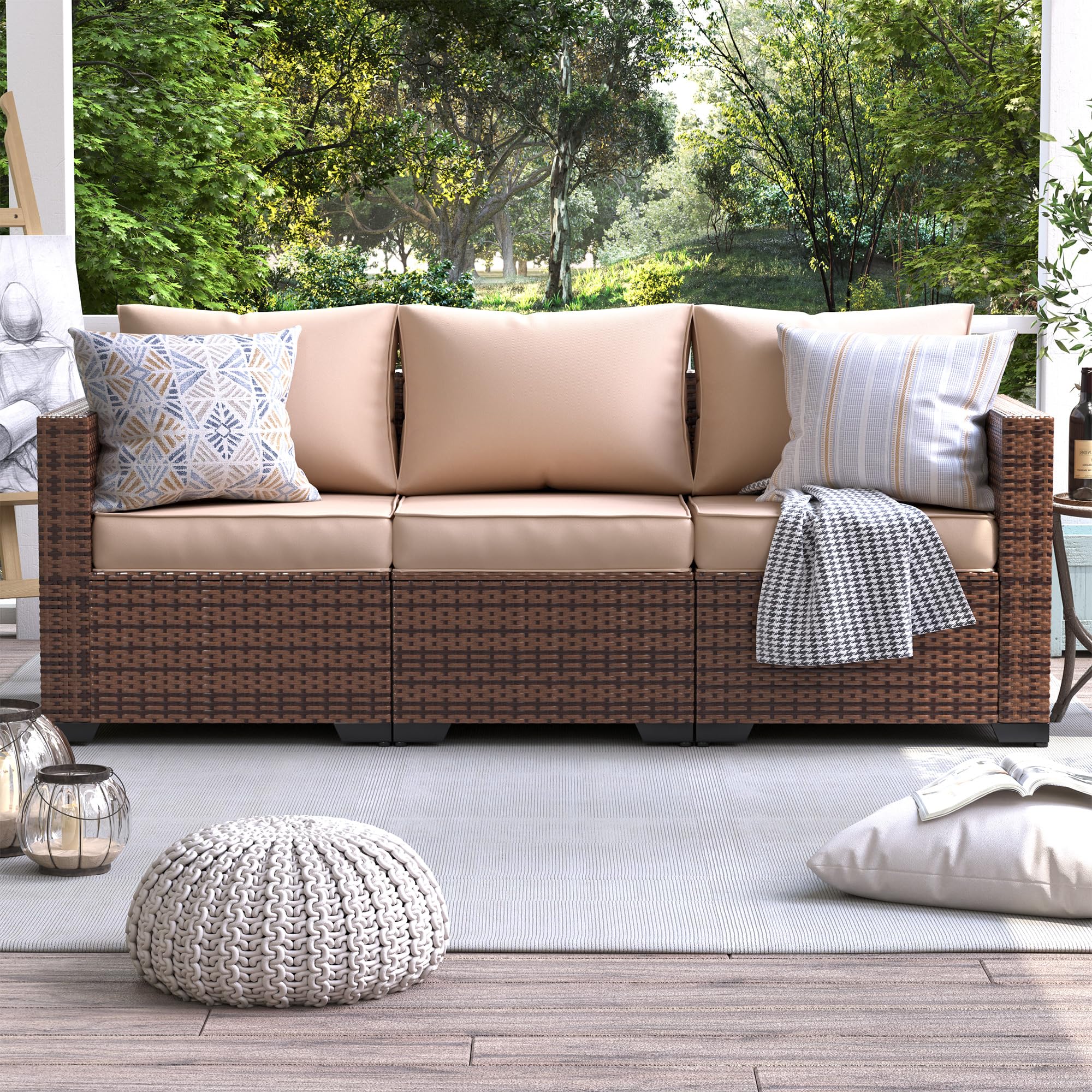 UDPATIO 3-Seat Patio Wicker Sofa Set - Outdoor Rattan Sectional Couch with Steel Frame, Waterproof Furniture Cover, Non-Slip Cushions & Deep Seating High Back - Khaki Brown - Perfect for Garden, Poolside, Balcony & Backyard Relaxation