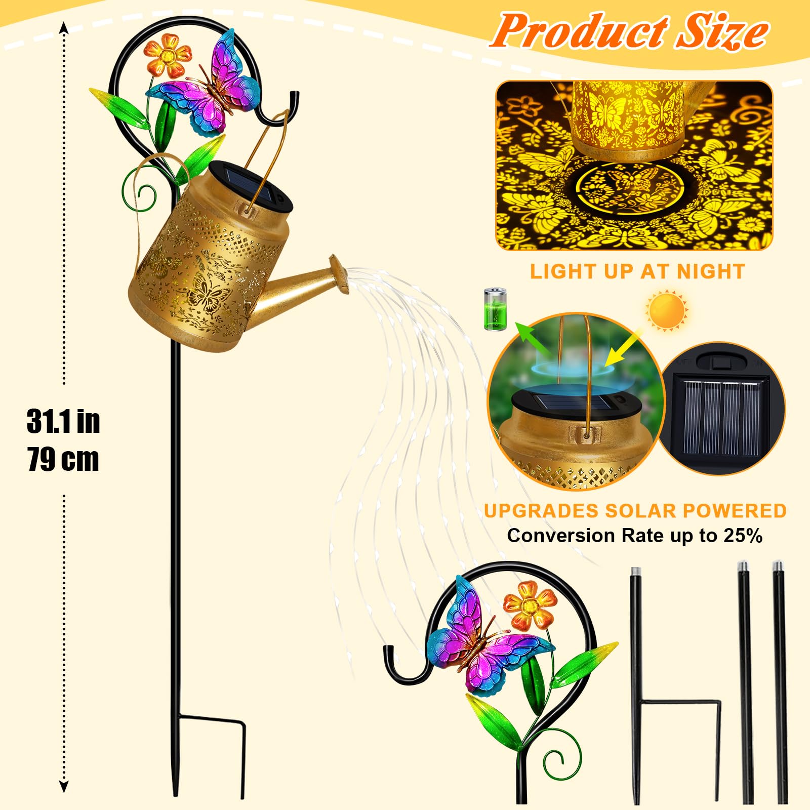 Solar Watering Can Lights Outdoor - Large Butterfly Hanging Lantern with Shepherd Hook, Waterproof Garden Decor for Pathway, Yard & Landscape - Perfect Gift for Mom & Grandma - Ideal for Garden Parties, Patio Lighting & Backyard Decorations