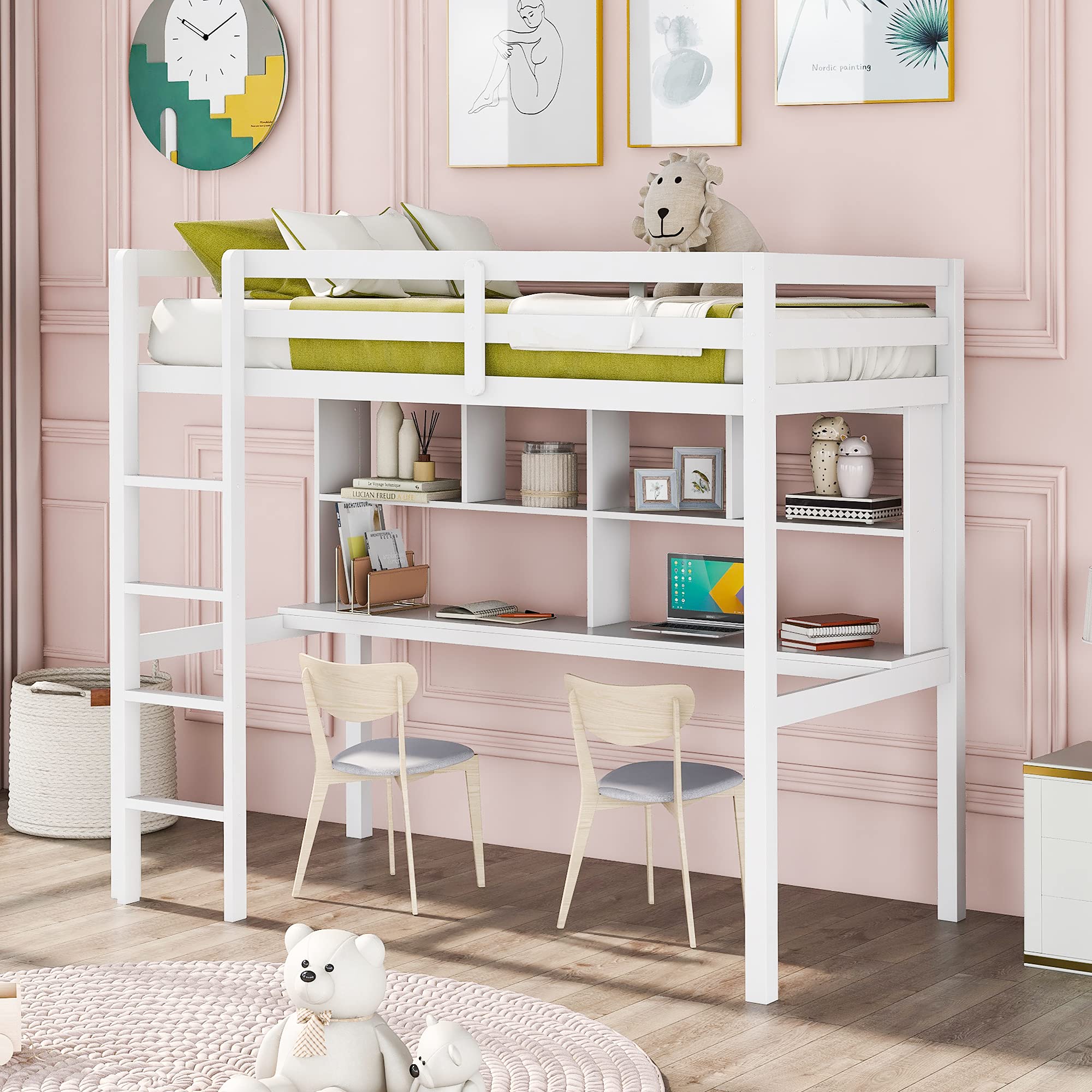 Twin Size Loft Bed with Built-in Desk & Shelves | Solid Wood Frame with Ladder & Safety Rail | No Box Spring Required | Perfect for Small Bedrooms, Dorms & Kids Rooms (White)