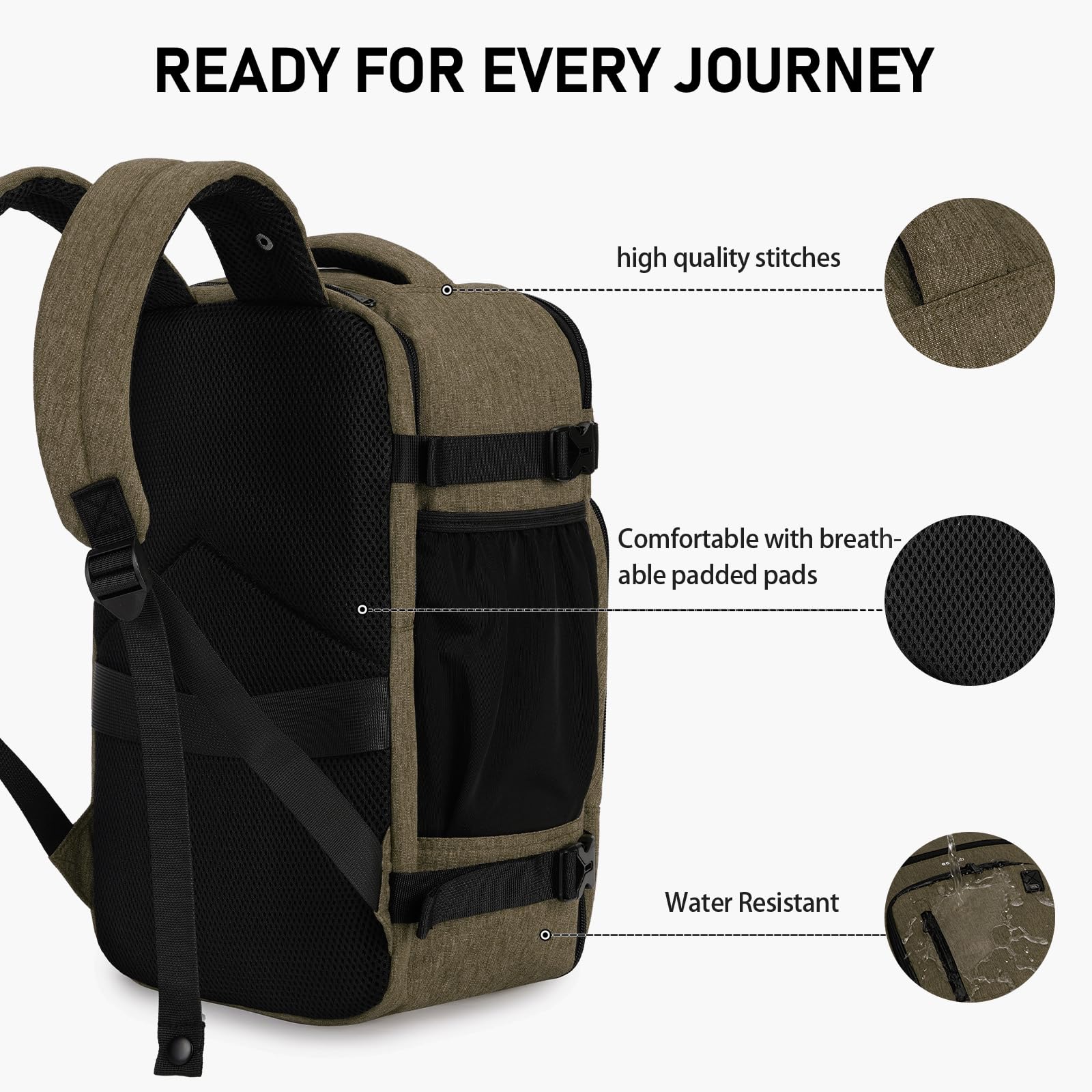 ECOHUB 16 Inch Laptop Backpack for Women & Men - Water Resistant Brown College School Backpack for Travel, Work & Daily Commute