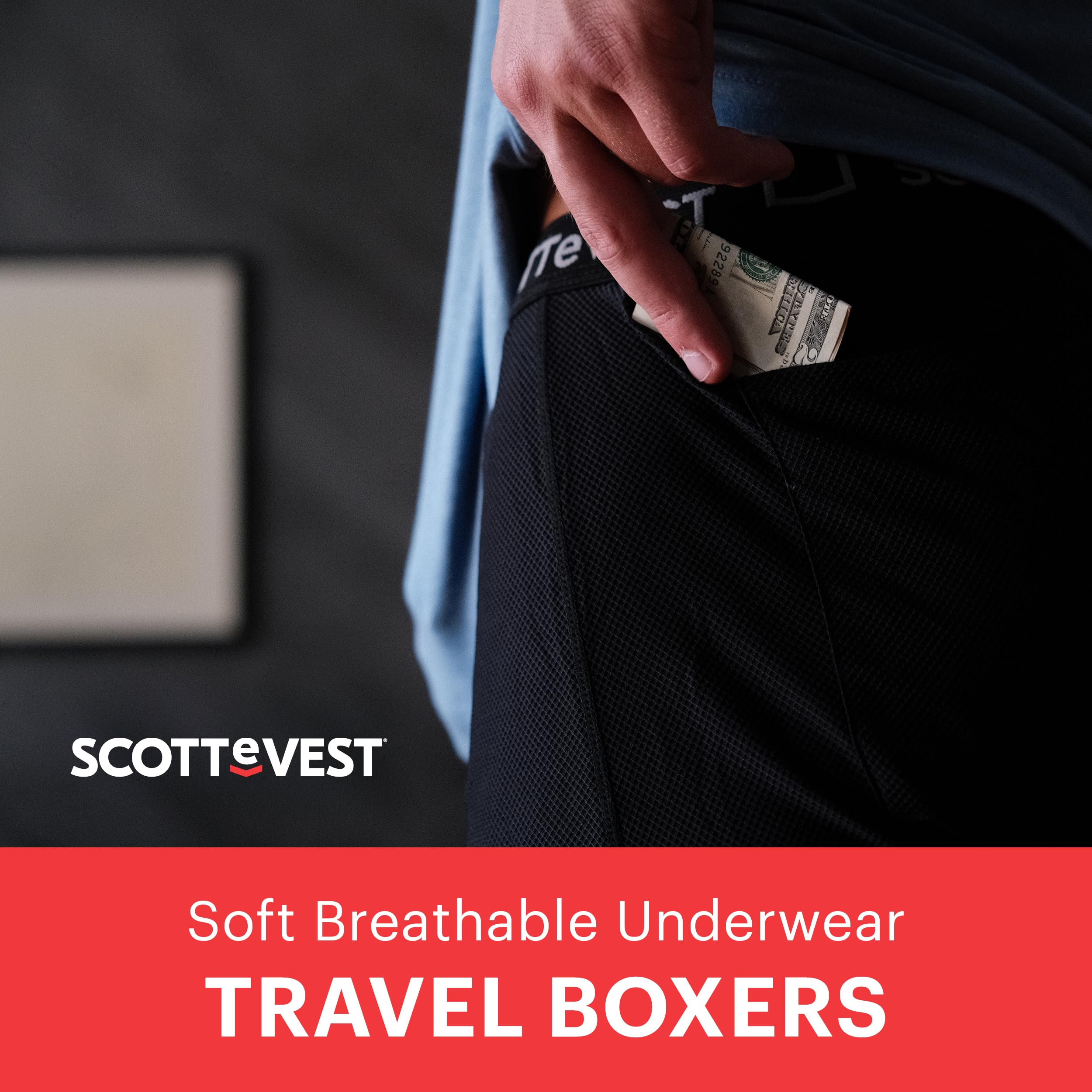 SCOTTeVEST Men's Boxer Briefs with 2 Hidden Pockets - Moisture Wicking Breathable Underwear for Travel, Hiking & Everyday Wear - Comfortable & Secure Storage Solution