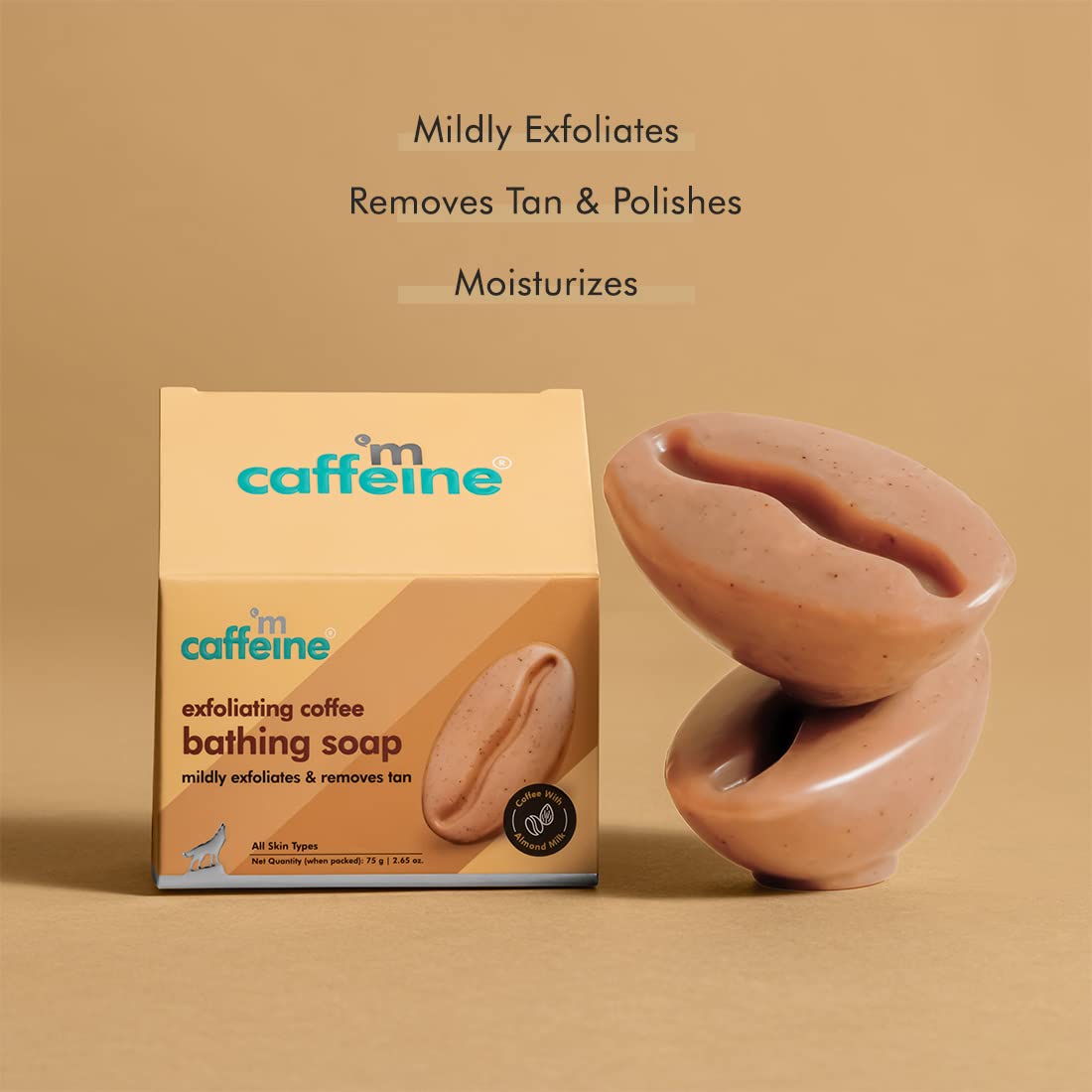 mCaffeine Coffee & Almond Milk Exfoliating Soap - Tan Removal, Skin Polishing & Moisturizing - Caramel Scented Bean Shaped Bath Bar for Women & Men | Perfect for Daily Skincare Routine & Post-Sun Tan Removal