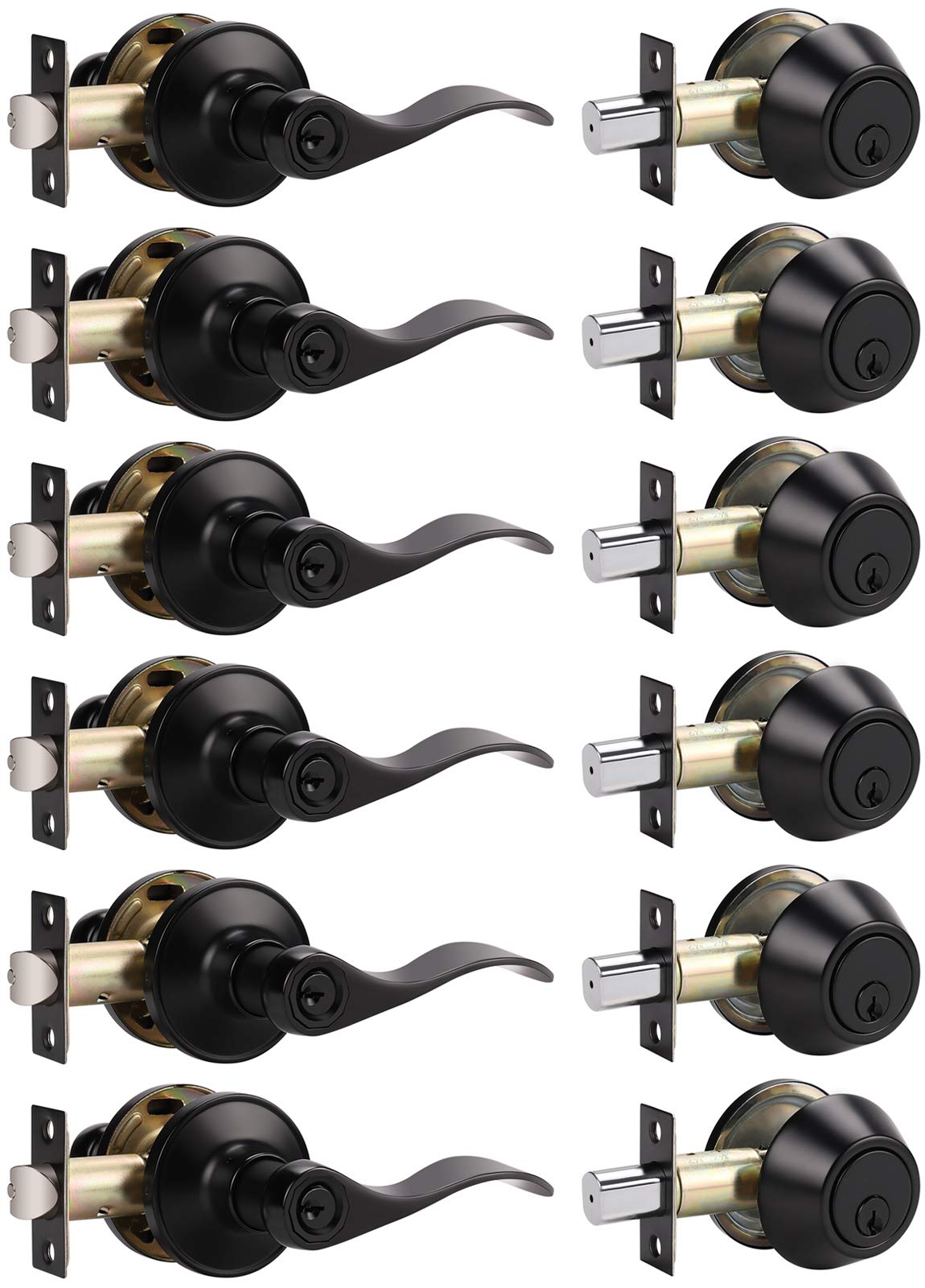 6 Pack Keyed Alike Entry Lever Door Handle & Deadbolt Lock Set - Wave Style Matte Black Front Door & Office Security - Reversible for Left/Right Hand - Home, Business & Commercial Use