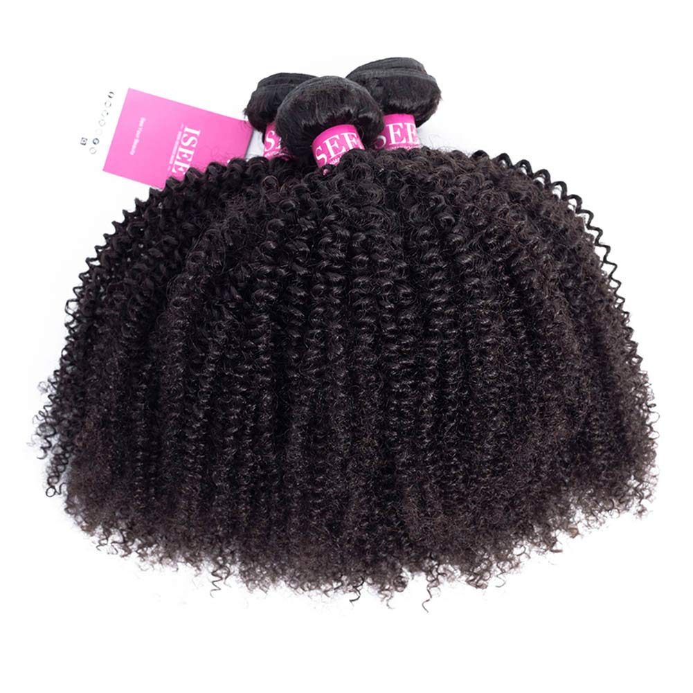 ISEE Hair 100% Unprocessed Afro Kinky Curly Human Hair Bundles - 9A Mongolian Virgin Hair Weave - Natural Black Color (20 22 24 Inches) - Perfect for Protective Styles, Wig Making & Natural Hair Extensions