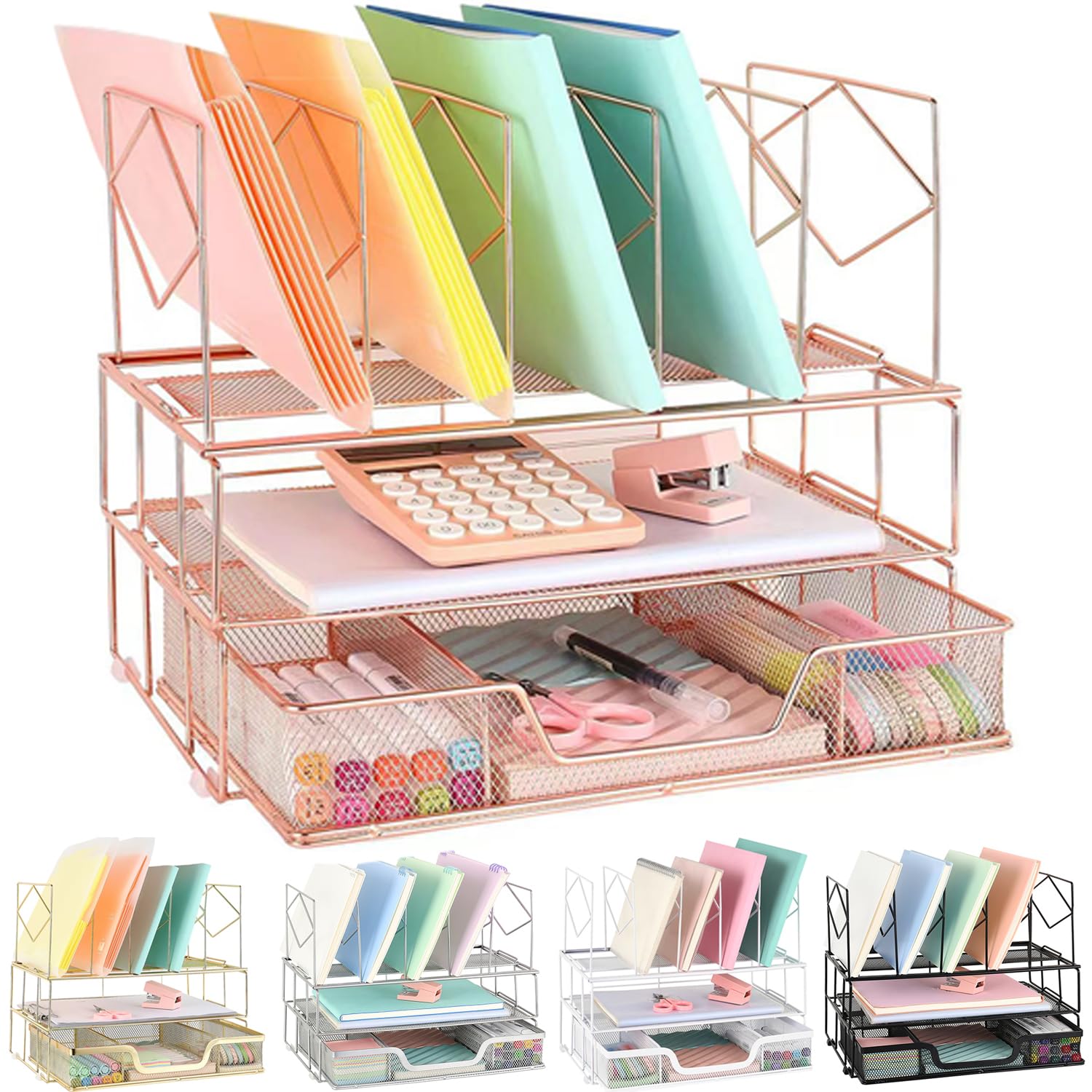 Youbetia Rose Gold Desk Organizer with File Sorters & Drawer - Office Desk Accessories Set for Workspace Organization | Perfect for Home Office, Study & Workspace Efficiency