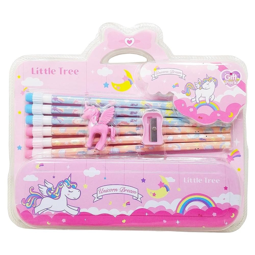 SPARROWISH Unicorn Stationery Gift Set - 6 Pencils, Metal Pencil Case, Sharpener & Eraser - Cute Pink School Supplies for Girls - Perfect for Back to School, Birthday Gifts & Classroom Essentials