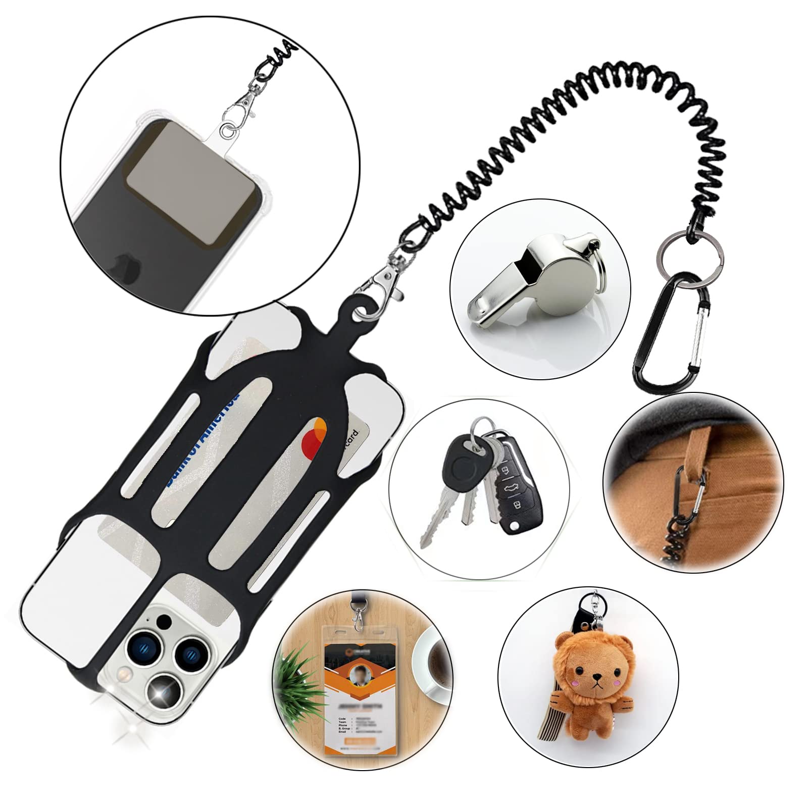2 in 1 Anti-Drop Phone Lanyard with Silicone Holder & Carabiner Clip - Universal Phone Tether for iPhone & Android (Black) - Perfect for Hiking, Travel, and Outdoor Activities