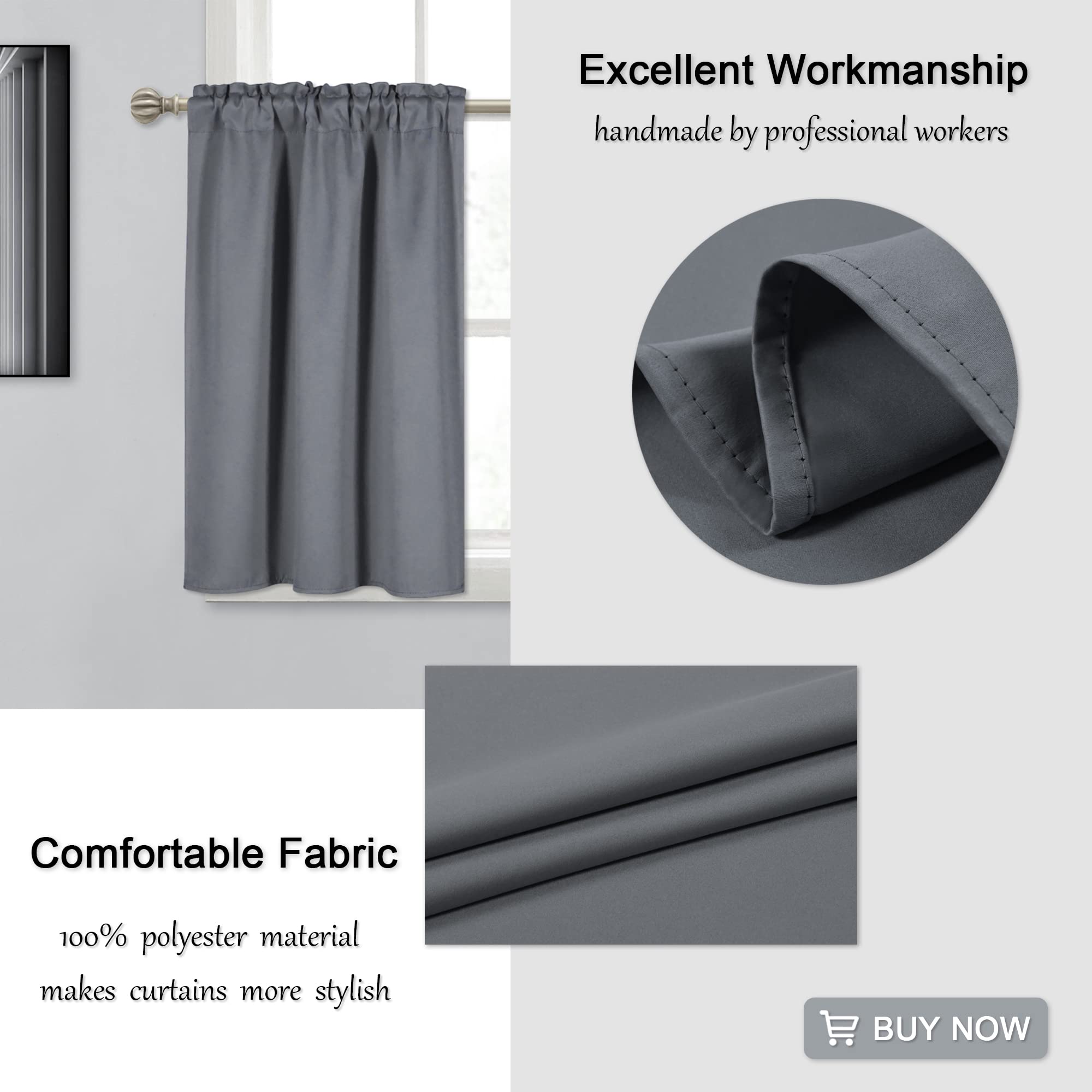 24 Inch Gray Short Blackout Curtains 2 Panels Set - Half Window Kitchen Tiers with Rod Pocket - Medium Grey 29