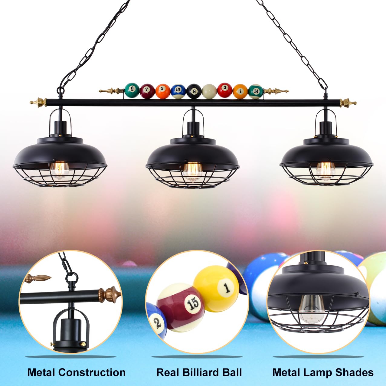 Billiard Ceiling Lamp with Real Billiard Ball Design - 3-Light Hanging Pool Table Lighting Fixture with Metal Shades for Game Room, Man Cave & Sports Bar Decor | Perfect for Pool Parties, Home Billiard Rooms & Entertainment Spaces