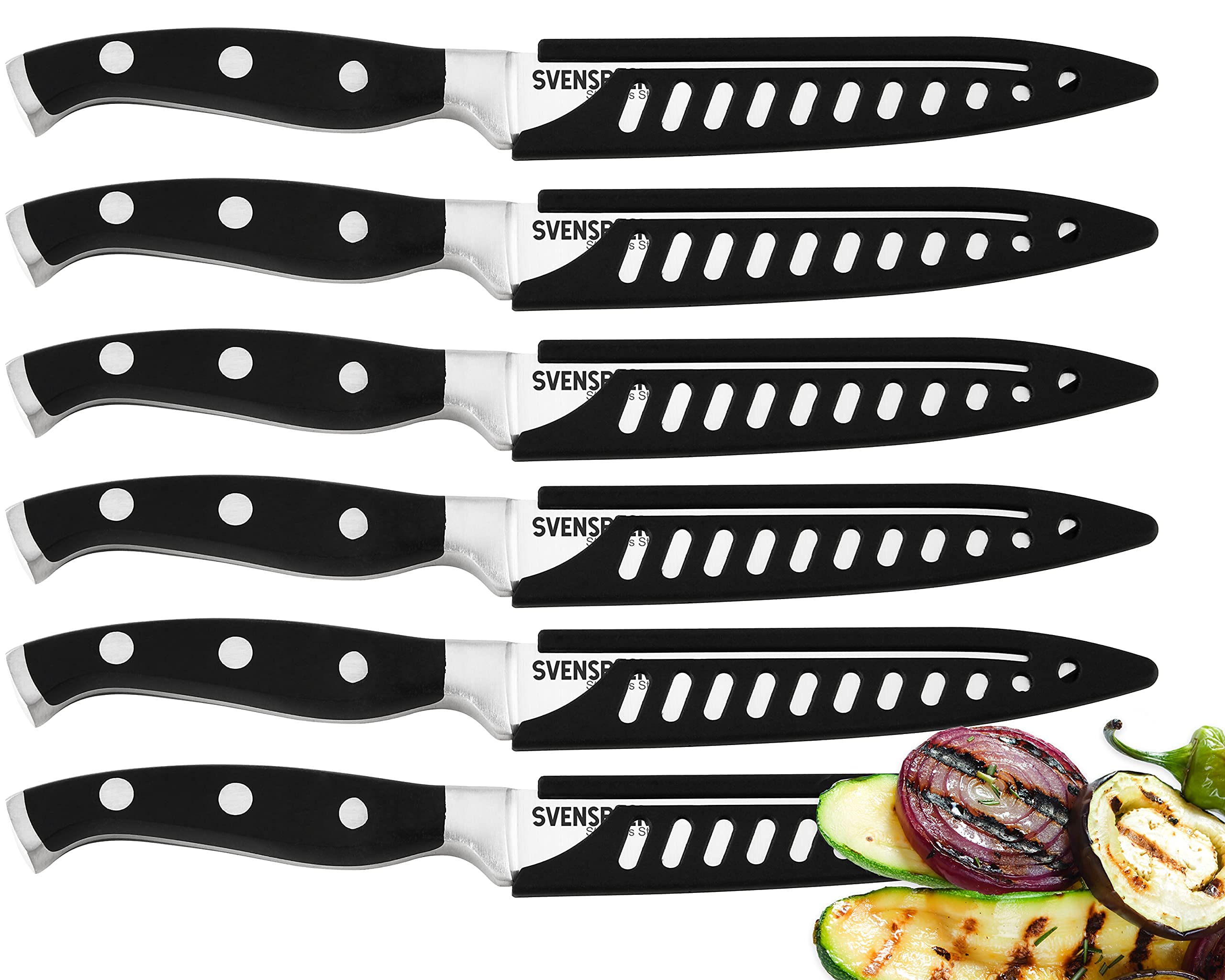 Premium Serrated Steak Knife Set - 6-Piece Stainless Steel Dinner Knives with Protective Covers | Sharp Kitchen Cutlery for Steakhouse Experience, BBQ Parties & Fine Dining | SB-SK201
