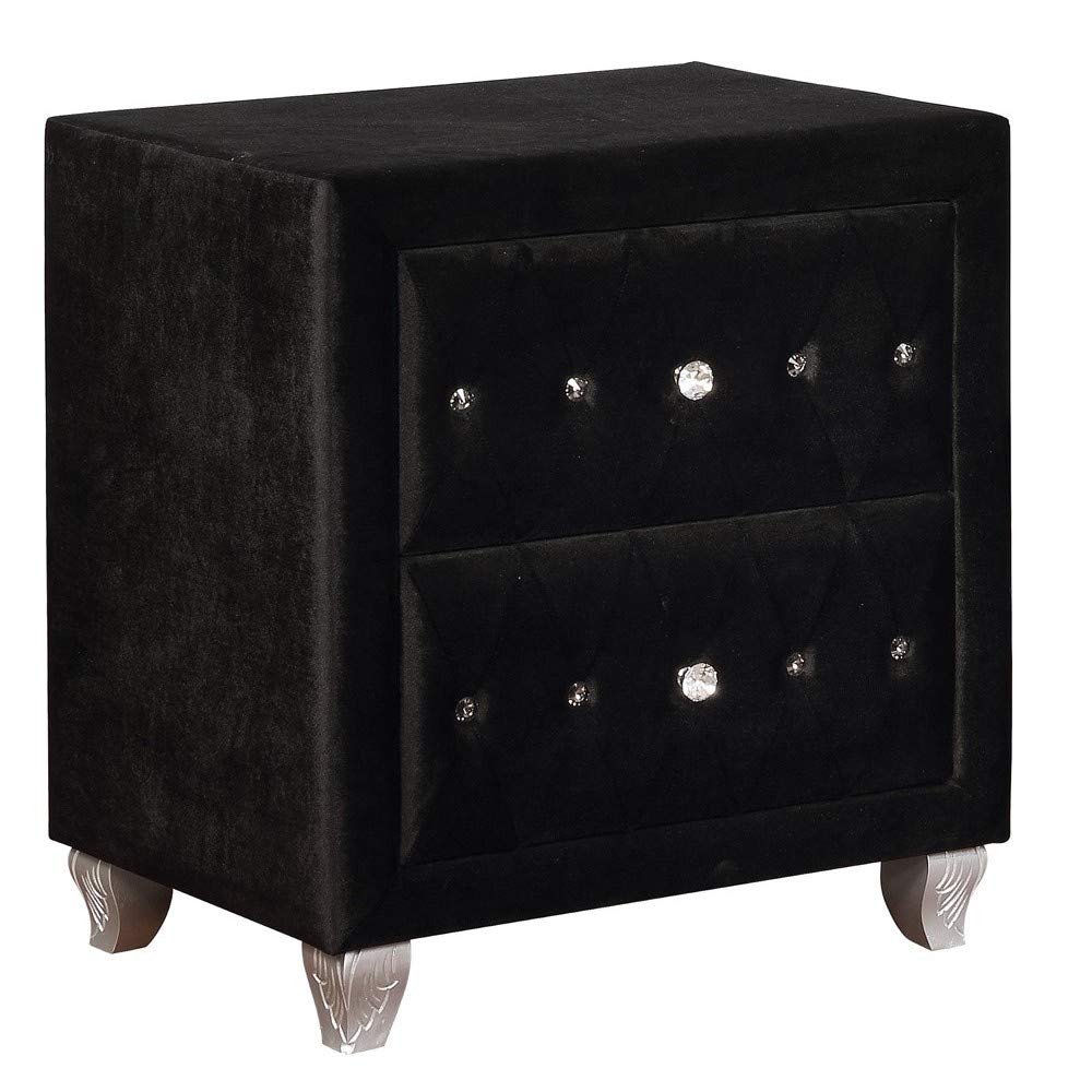 Benjara Black Fabric Upholstered Wooden Nightstand with 2 Drawers - Modern Bedside Table for Bedroom Furniture, Home Decor & Small Space Storage