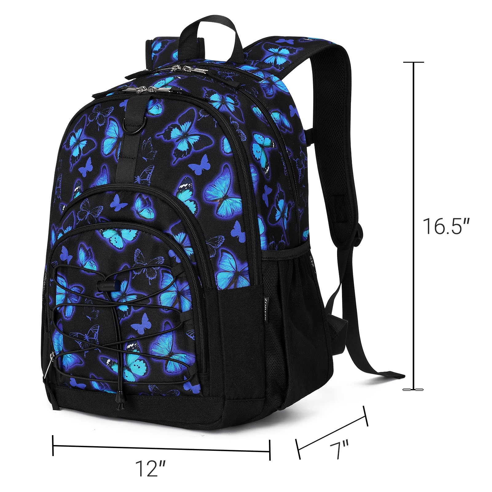 ZORFIN Kids Backpack for School & Travel - Multi Compartment Bookbag for Girls & Boys (Butterfly Black) - Perfect for Daily Use, Classroom, Outdoor Adventures & Weekend Trips