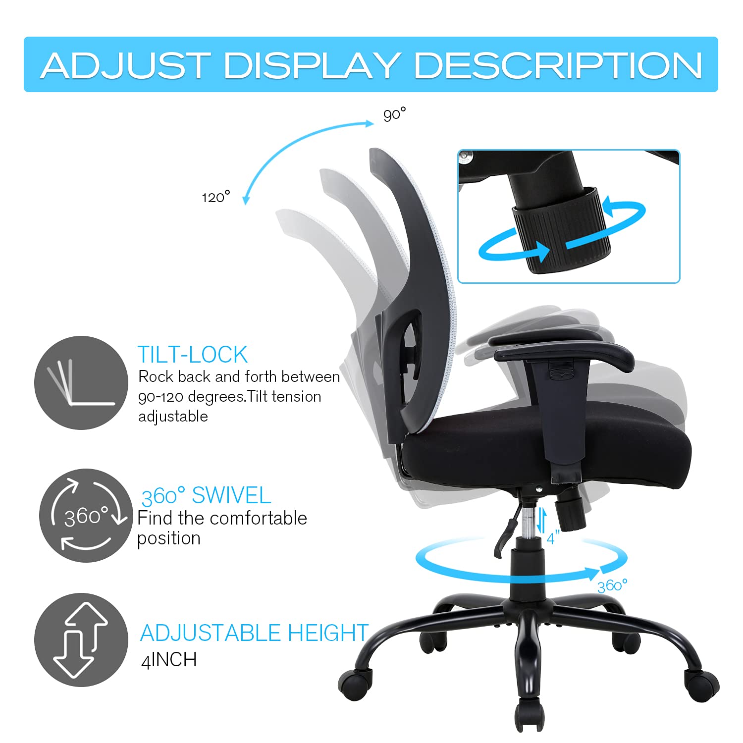 HCY Big and Tall Office Chair - 400 lbs Weight Capacity Ergonomic Mesh Computer Desk Chair with Adjustable Height, Lumbar Support & Wheels for Heavy People - Perfect for Home Office, Gaming & Workspaces (White)