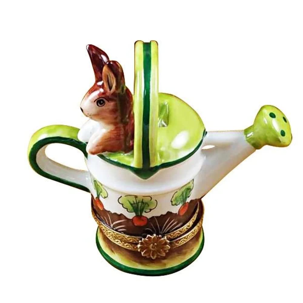 Authentic Limoges Watering Can with Rabbit - Hand-Painted French Porcelain Keepsake Box - Perfect for Gardening Enthusiasts & Home Decor