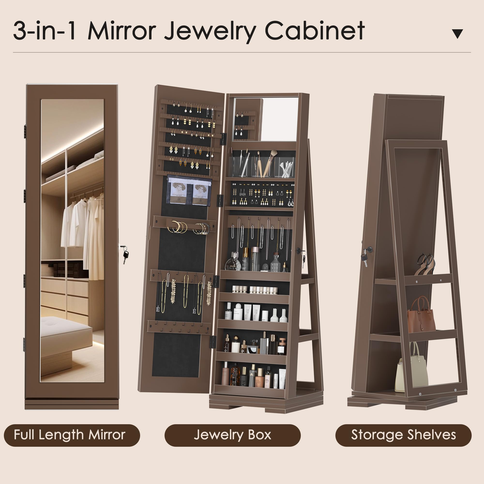 DlandHome Lockable Jewelry Cabinet with Full-Length Mirror - Jewelry Organizer with Storage Shelves & Built-in Small Mirror - Jewelry Armoire for Bedroom, Closet & Dressing Room (Model QH-7021C-BW)