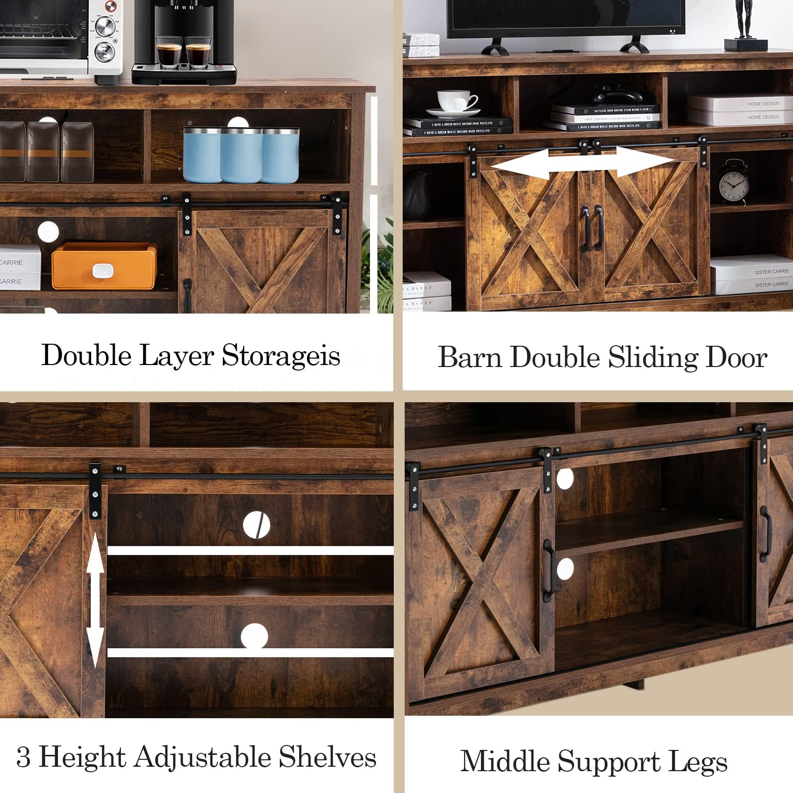 Vinctik 57 Inch Farmhouse TV Stand with Sliding Barn Doors - Rustic Wood Entertainment Center for 60-65 Inch TVs - Double Layer Storage & Built-in Power Outlets - Perfect for Living Room, Bedroom & Home Theater Setup