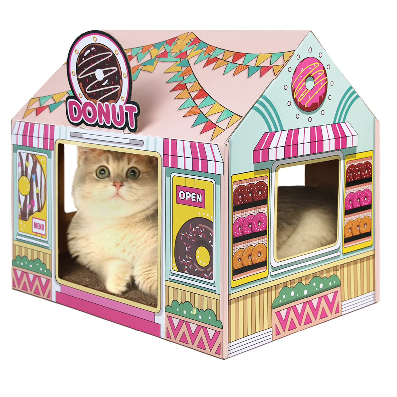 Premium Cardboard Cat House with Scratching Pad & Catnip - Cozy Indoor Playhouse for Cats - Perfect for Playtime, Napping & Stress Relief