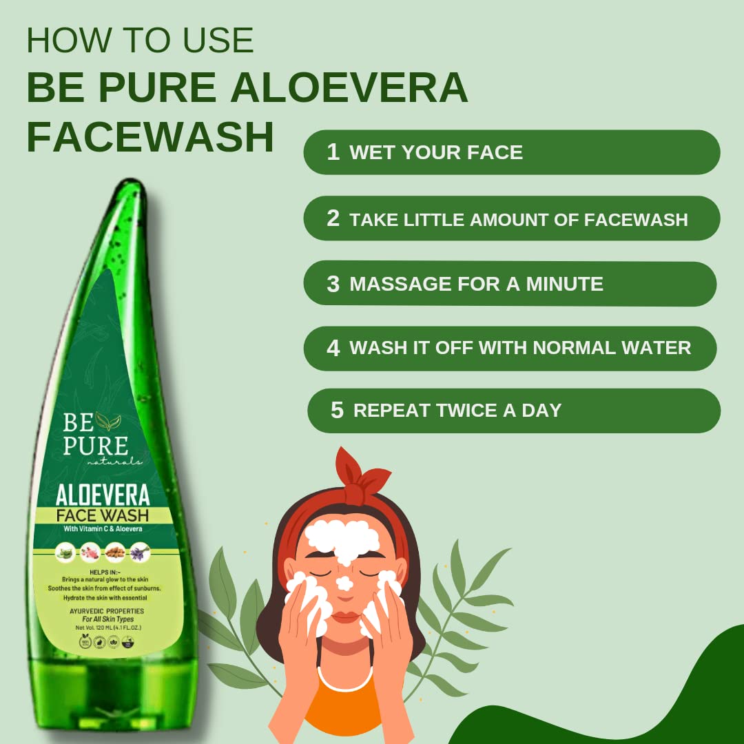 Be Pure Naturals Aloe Vera Face Wash with Vitamin E for Acne & Pimple Free Skin - Contains Almond Oil, Lavender, Rose, Enzymes & Amino Acids for Smooth Glowing Skin (120ml) - Gentle Daily Cleanser for Oily & Sensitive Skin, Perfect for Morning & Night Skincare Routine