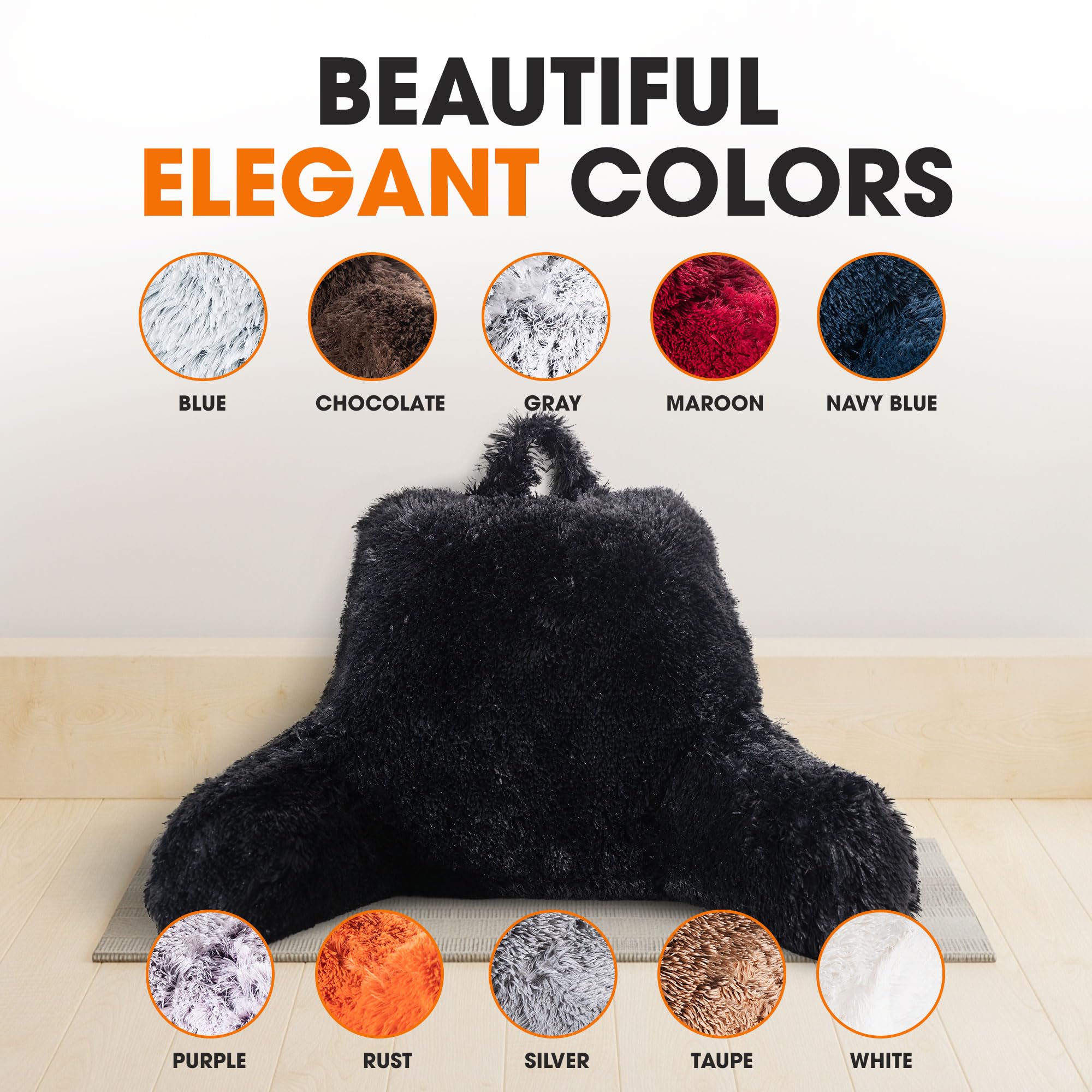 Fluffy Reading Pillow Chair with Arms - Shaggy Hair Chair Pillow for Bed, Couch & Floor Lounging | Comfortable Back Support for Reading, Gaming & Relaxing | Black Cheer Collection