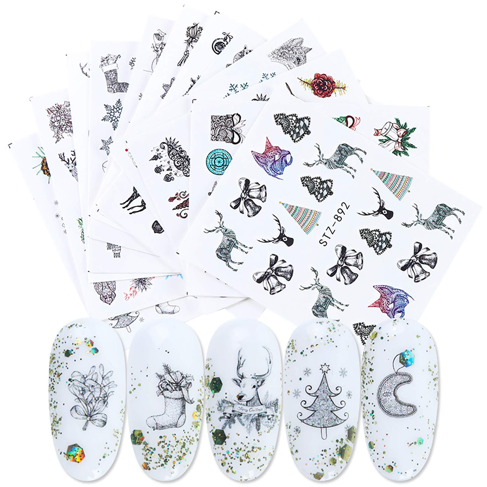 Christmas Nail Art Stickers - 12Pcs Snowflake Bells Deer Nail Decals for Women Girls Kids, DIY Manicure & Salon Nail Decorations - Perfect for Holiday Parties, Gifts & Festive Nail Designs
