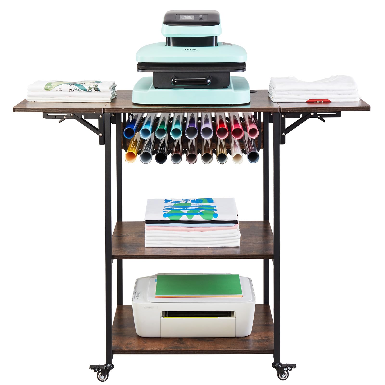 VEVOR 3-Tier Rolling Heat Press Table - Heavy Duty Foldable Sublimation Workbench with Vinyl Roll Holder - Mobile Heat Transfer Machine Stand for T-Shirt Printing & DIY Crafts - Perfect for Home Studios & Small Businesses