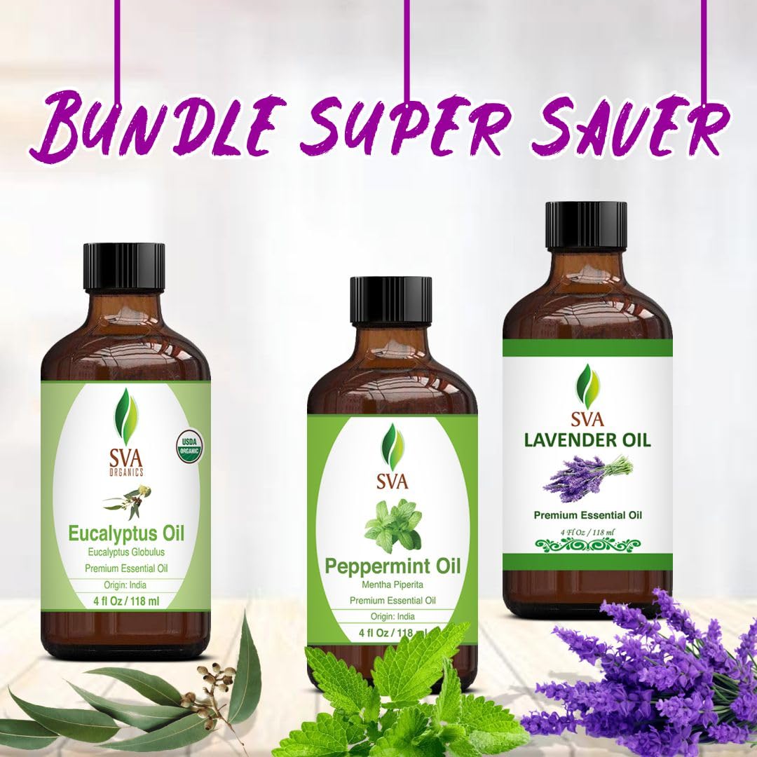 **Premium Peppermint, Lavender & Eucalyptus Essential Oil Set - 4oz Bundle for Aromatherapy, Scalp Massage, Hair & Skin Care - Relaxation, Stress Relief & Home Spa Use**