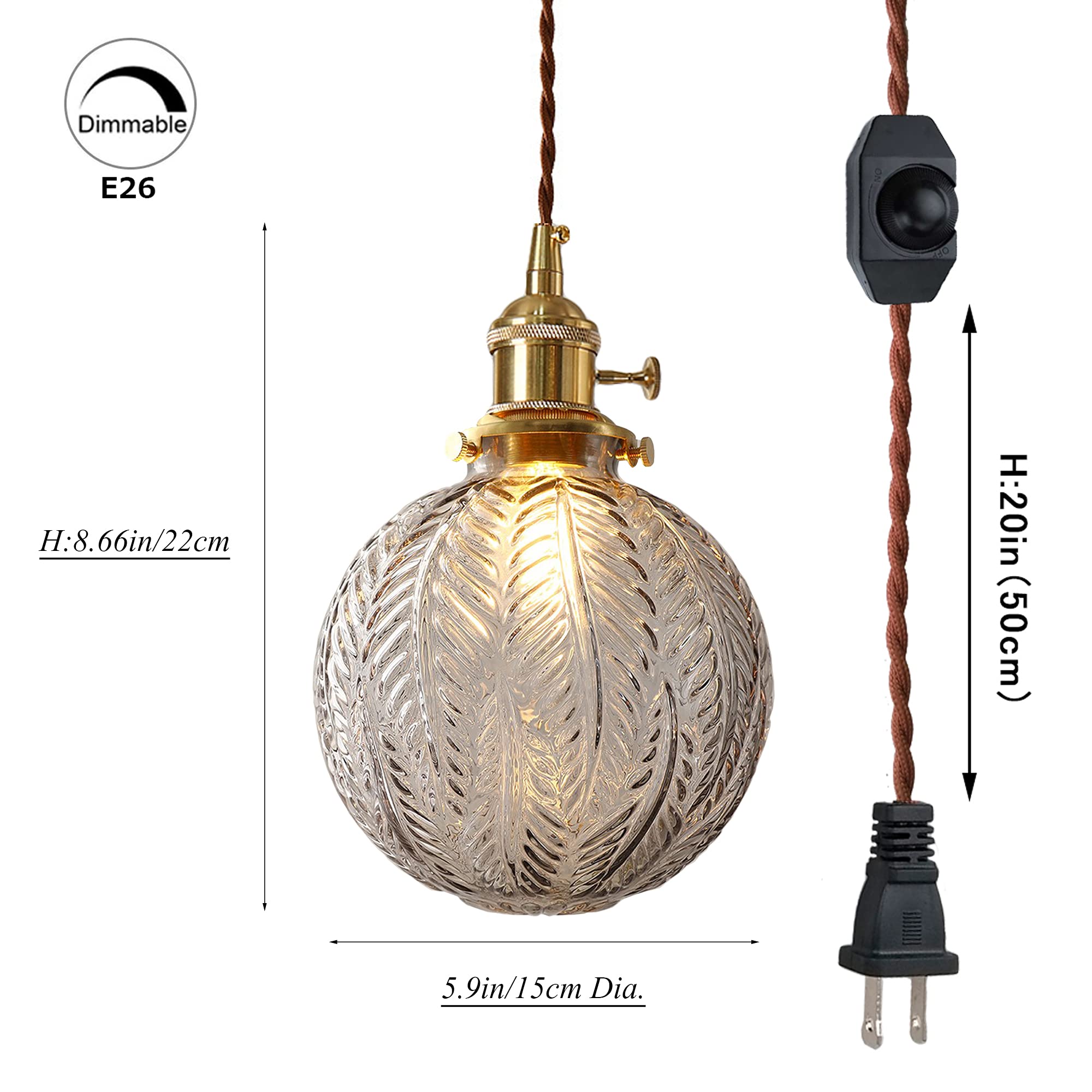 Plug-in Hanging Swag Lamp with 15ft Brown Braided Cord - No Wiring Needed Pendant Light with UL Certified On/Off Dimmer Switch, Smokey Grey Glass Globe Shade & Copper Holder - Perfect for Bedroom, Living Room, Dining Room, and Cafe Decor