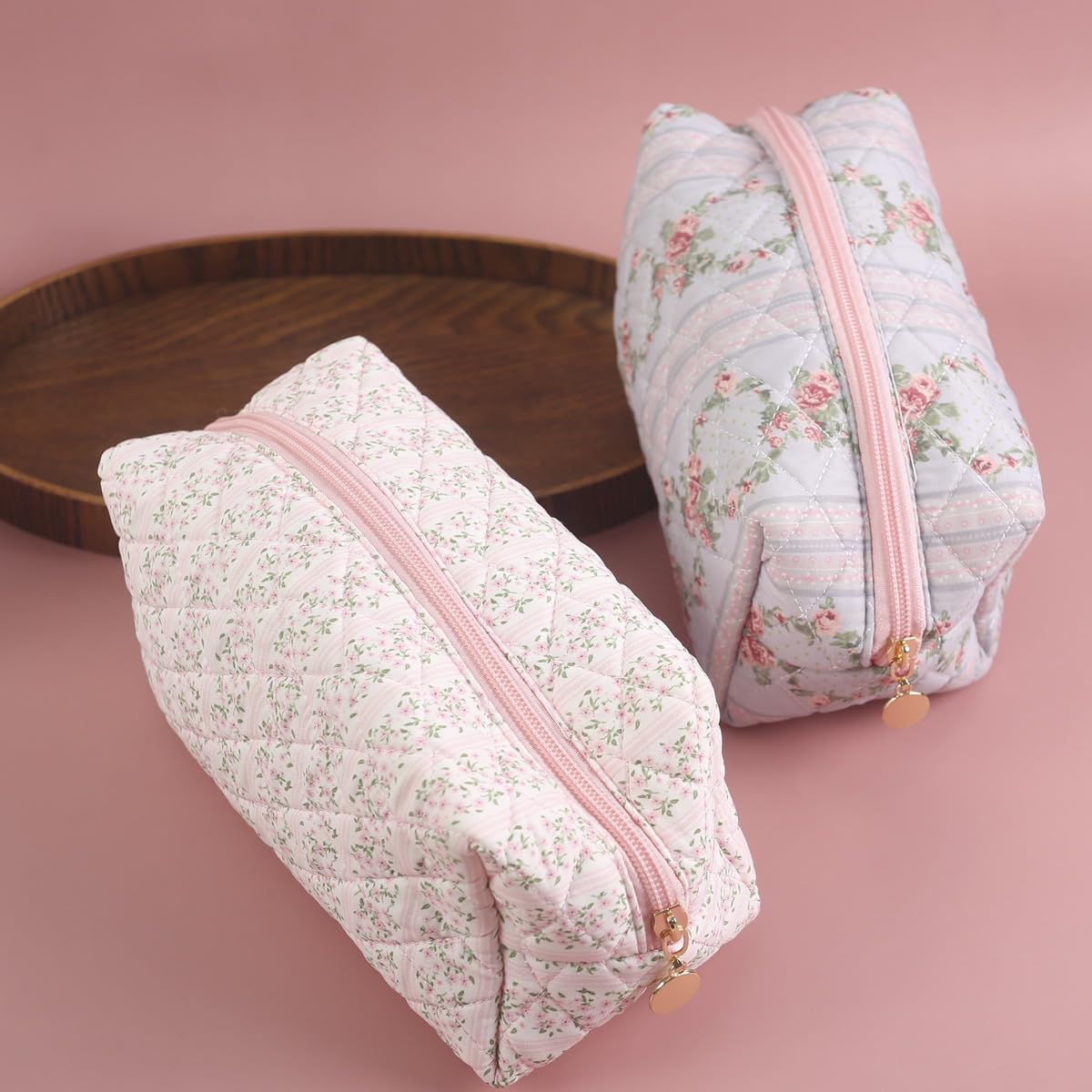 Floral Quilted Makeup Bag for Women - Coquette Cosmetic & Toiletry Travel Organizer (Pink) | Perfect for Travel, Gym, and Everyday Essentials Storage