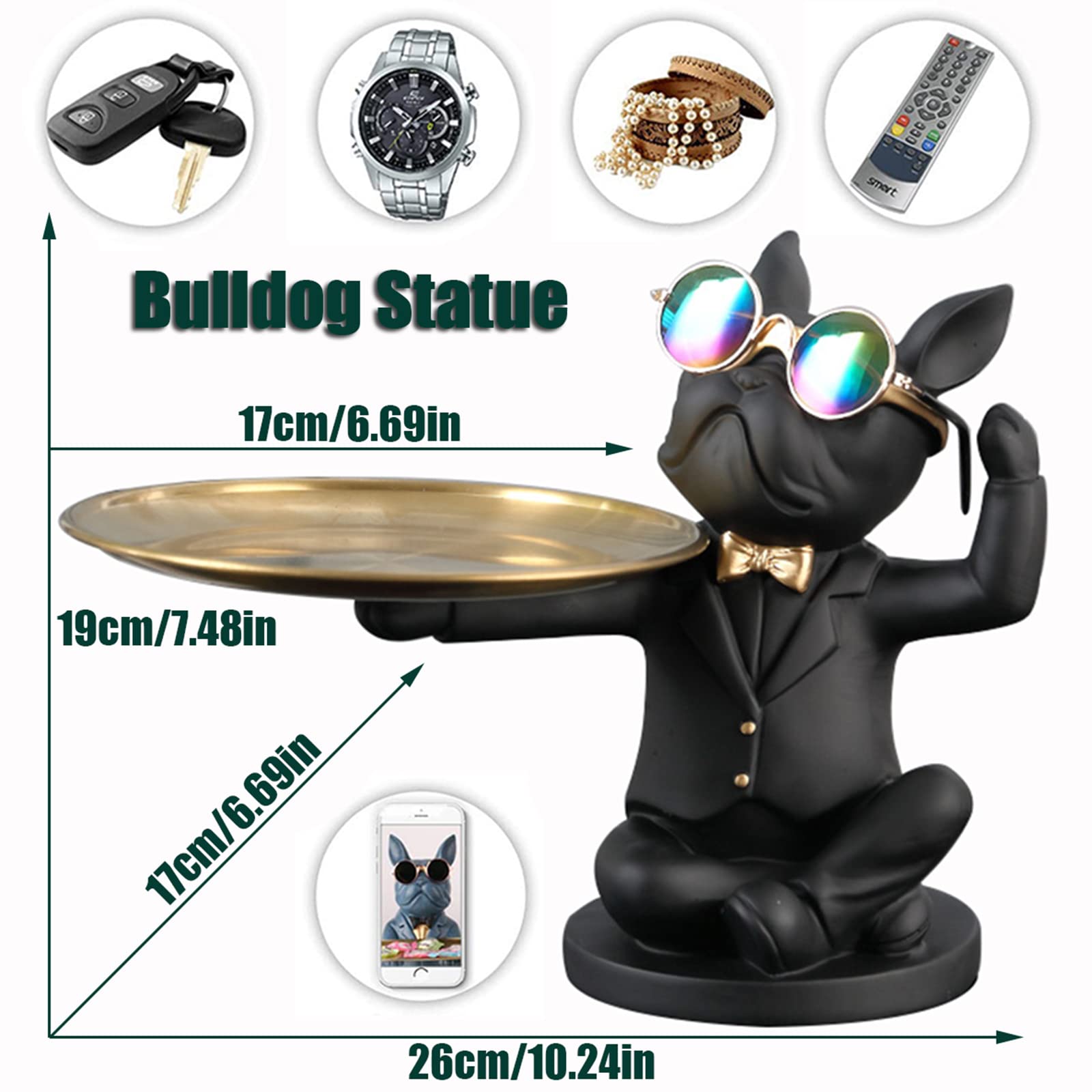 Resin Bulldog Tray - Animal Sculpture Key Holder & Jewelry Organizer with Storage Compartment | Perfect for Desk Decor, Candy Dish, Earrings Tray in Home, Office, or Shop (Black)