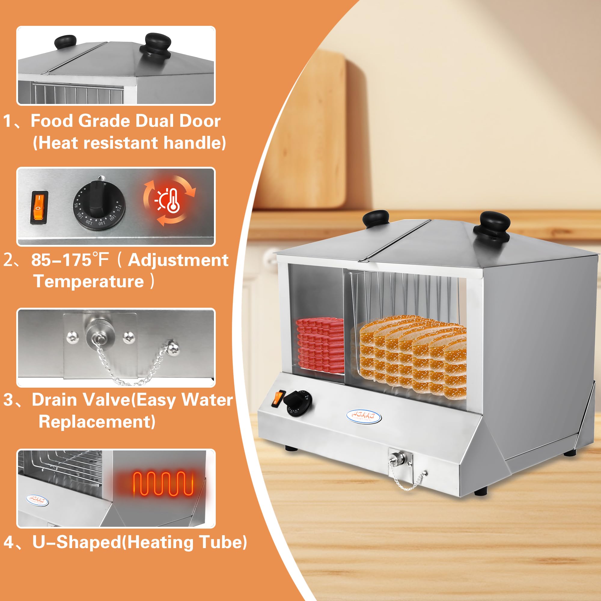 Commercial Electric Hot Dog Steamer & Bun Warmer - 1300W, Holds 100 Hot Dogs & 48 Buns, Steam Heating with Slide Doors & Tempered Glass - Perfect for Restaurants, Food Trucks, and Stadium Concessions