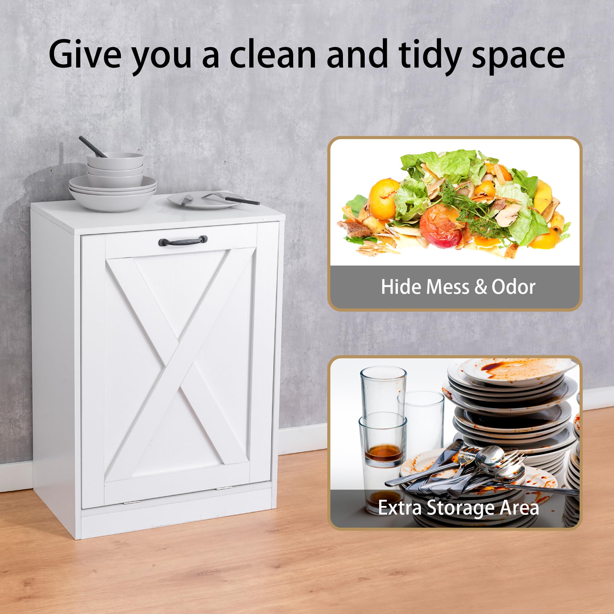 13 Gallon Wooden Tilt-Out Trash Cabinet - Hidden Kitchen Trash Can with Recycling Bin, Laundry Storage Cabinet for Kitchen & Living Room (White) - Perfect for Small Spaces & Home Organization