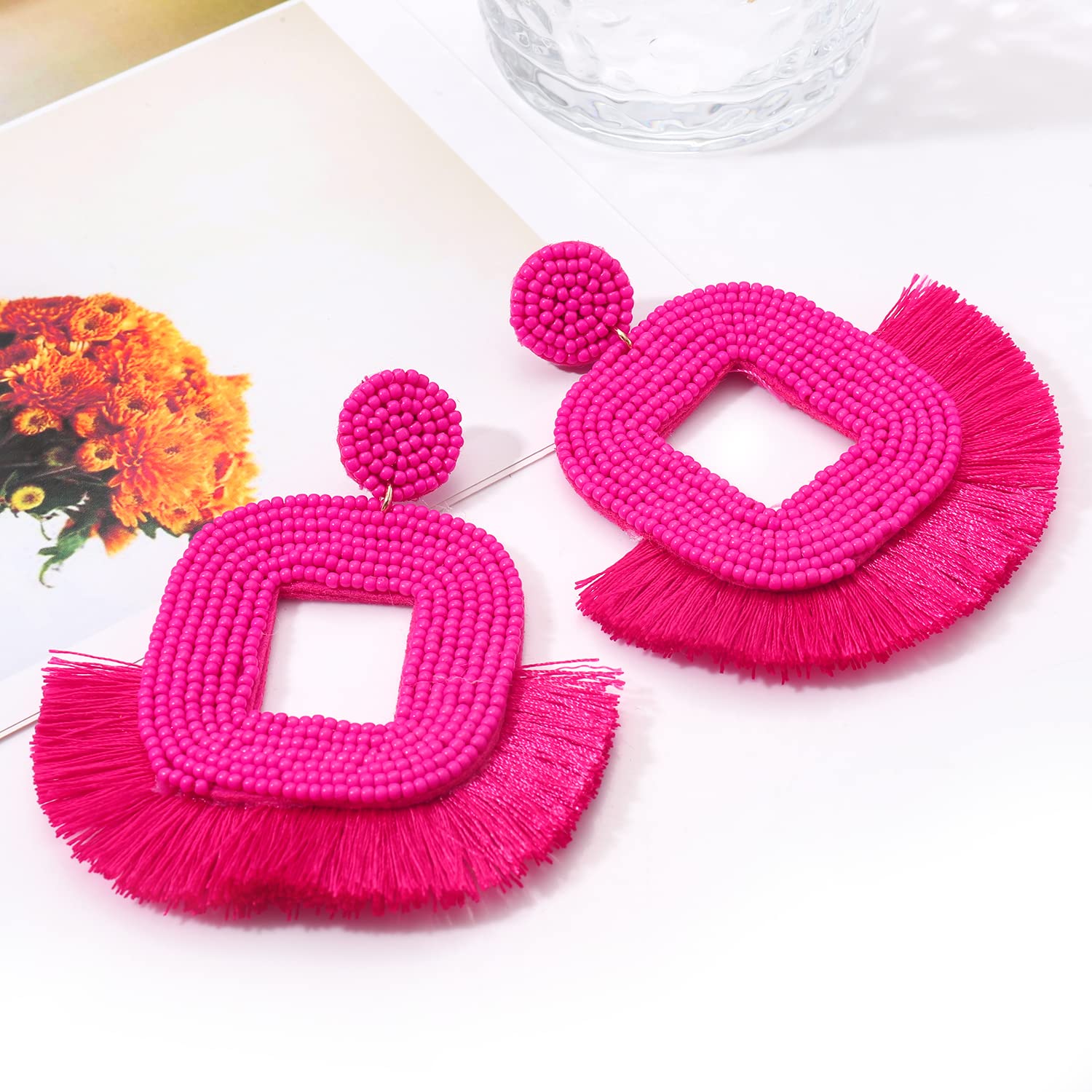 Handmade Bohemian Large Beaded Tassel Earrings for Women - Geometric Square Hoop Statement Earrings with Fan-Shaped Fringe Drop Dangle | Perfect for Parties, Weddings & Boho Fashion Accessories