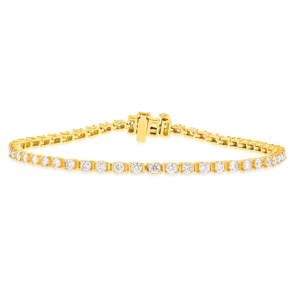 9ct Yellow Gold 2 Carat Diamond Tennis Bracelet with 54 Brilliant Diamonds - 18cm Length - Elegant Jewelry for Women - Perfect for Weddings, Anniversaries & Special Occasions