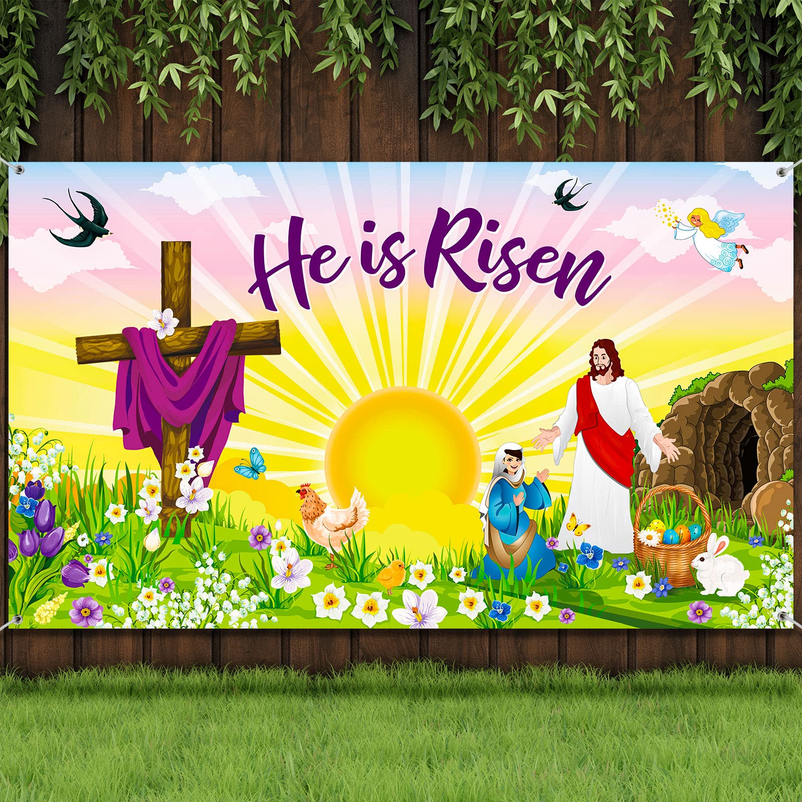 Easter Decor Backdrop - He is Risen Banner for Photo Booth & Party