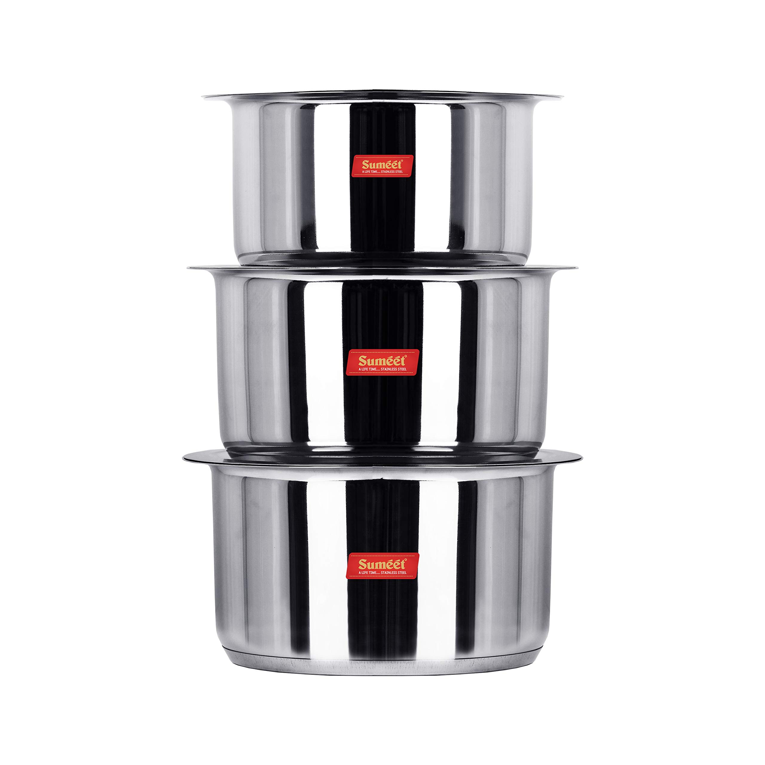 Sumeet 3-Piece Stainless Steel Induction Cookware Set with Lids - 3.5L, 4L & 5L Pots for Indian Cooking | Big Size Containers for Curry, Rice & Meal Prep | Durable Kitchenware for Home & Restaurant Use