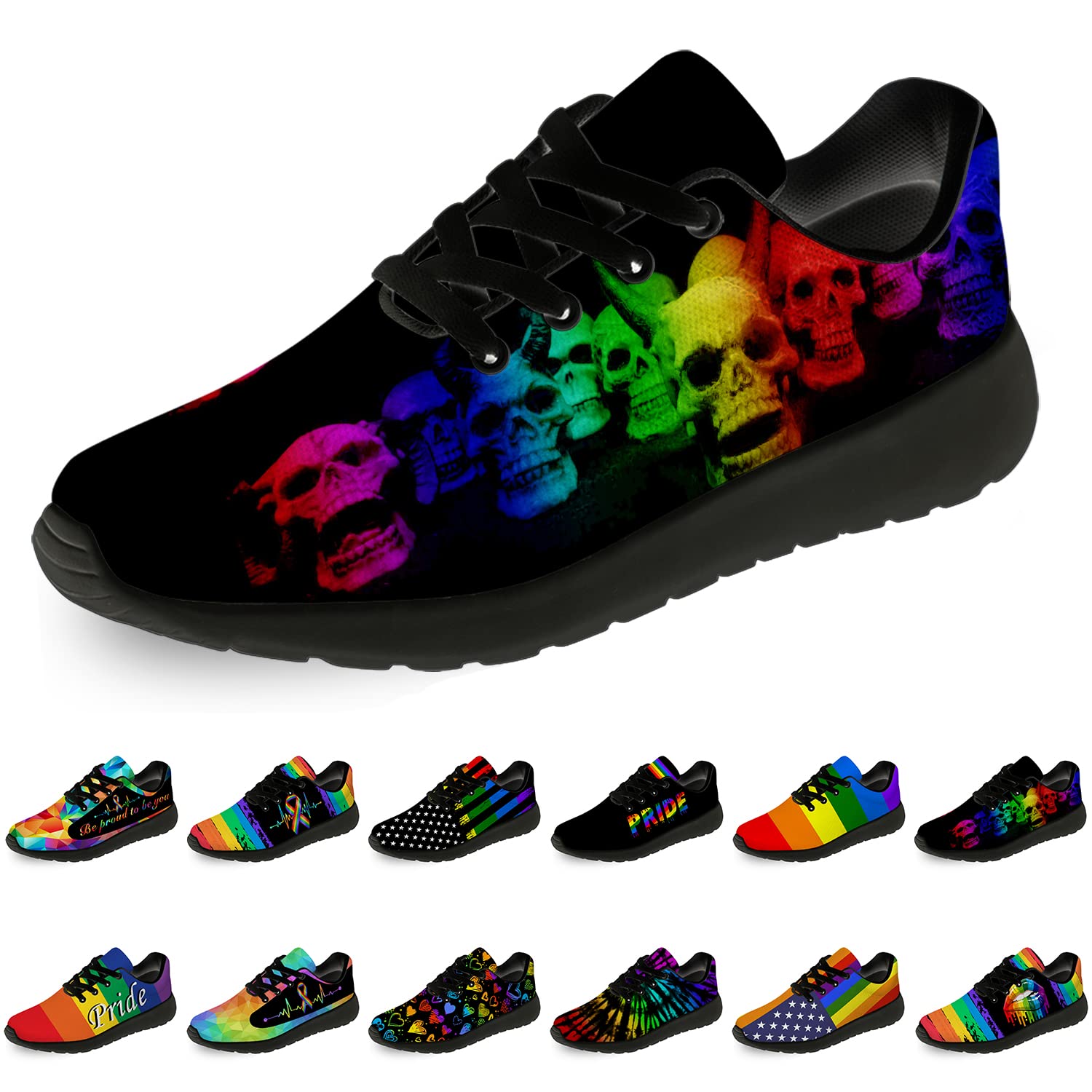 **Men's & Women's LGBTQ Pride Running Shoes - Rainbow Skull Sneakers for Walking, Tennis & Casual Wear - Size 13 Men/15.5 Women Black Multicolor - Perfect for Pride Parades, Gym Workouts & Everyday Fashion**