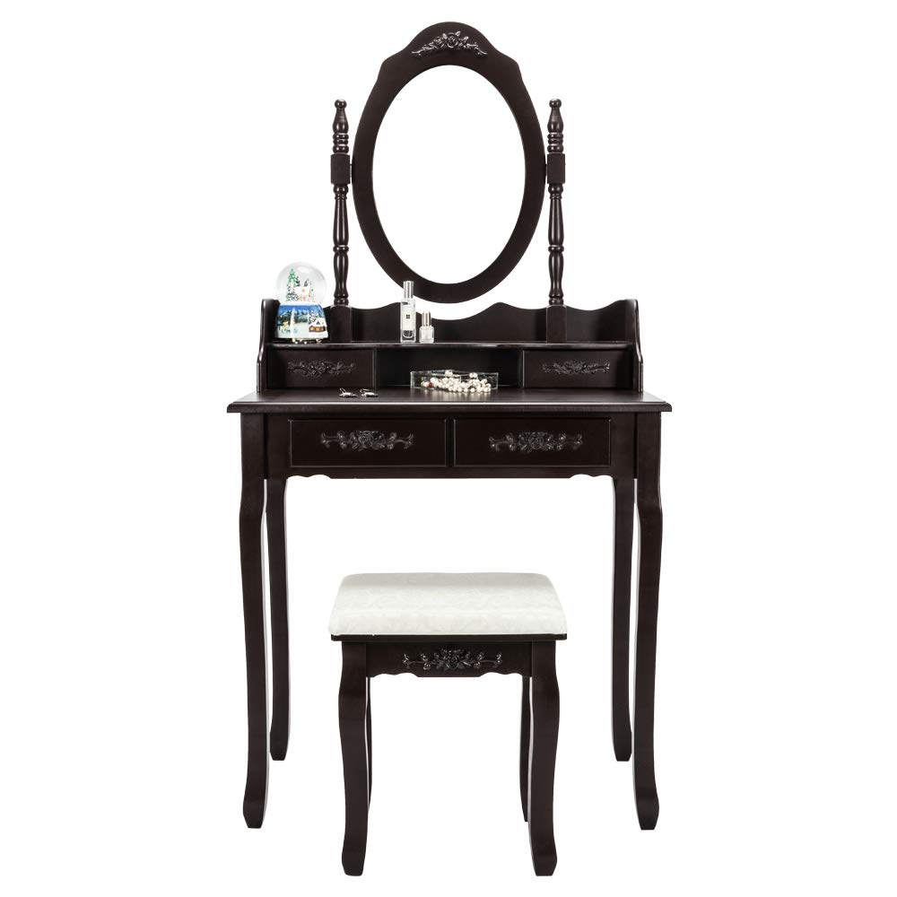 Brown Makeup Vanity Table with Stool & Removable Mirror - 4-Drawer Dressing Table with Cushioned Seat & Organizer - Perfect for Bedroom, Salon, and Bridal Makeup Setup