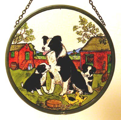 Hand Painted Stained Glass Sun Catcher - Collie & Pups Design for Window Decor