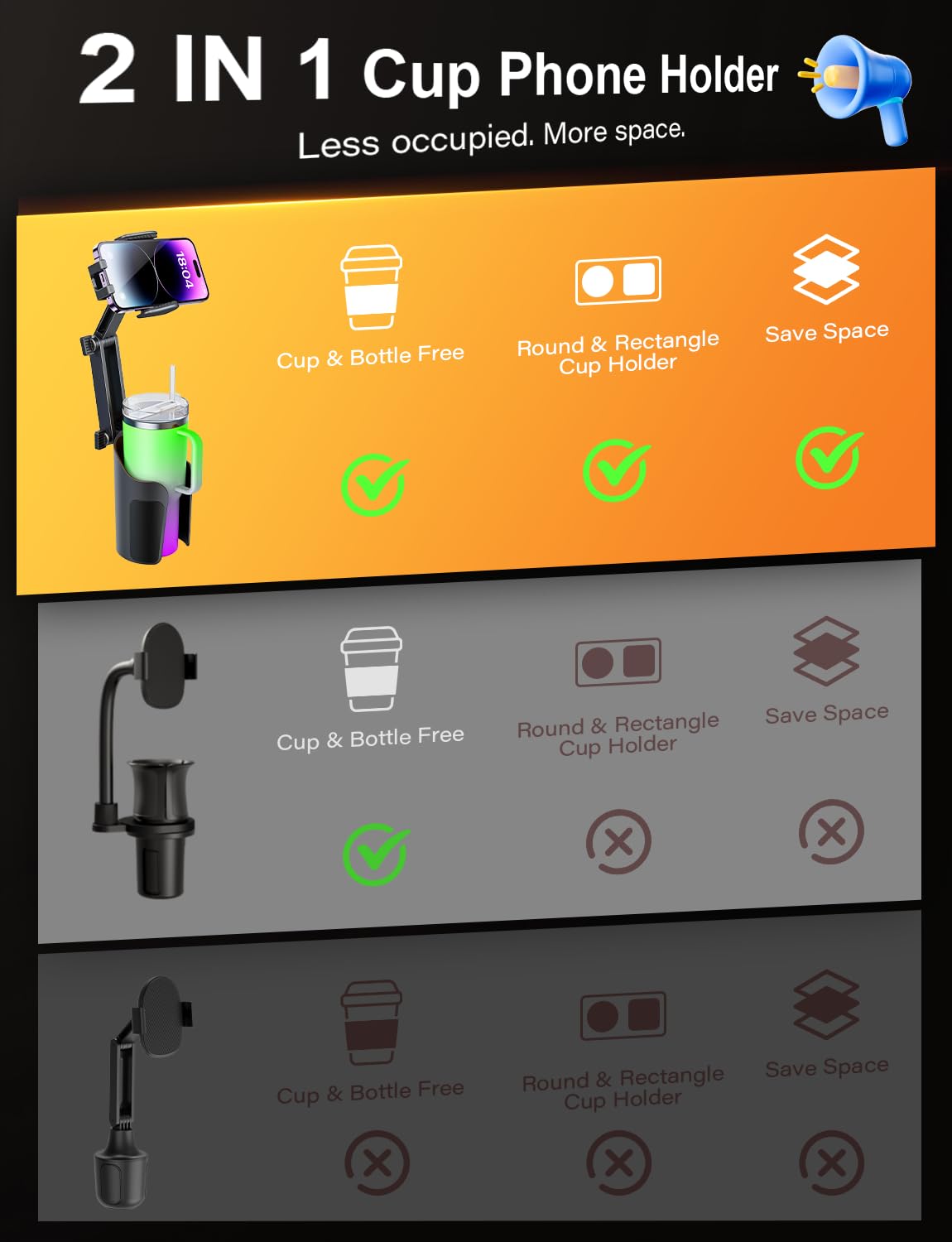 2-in-1 Car Cup Holder and Phone Mount - Adjustable Height, Sturdy Grip for 4-7 Inch Phones, Compatible with Most Beverage Bottles | Perfect for Road Trips, Commuting, and Hands-Free Navigation