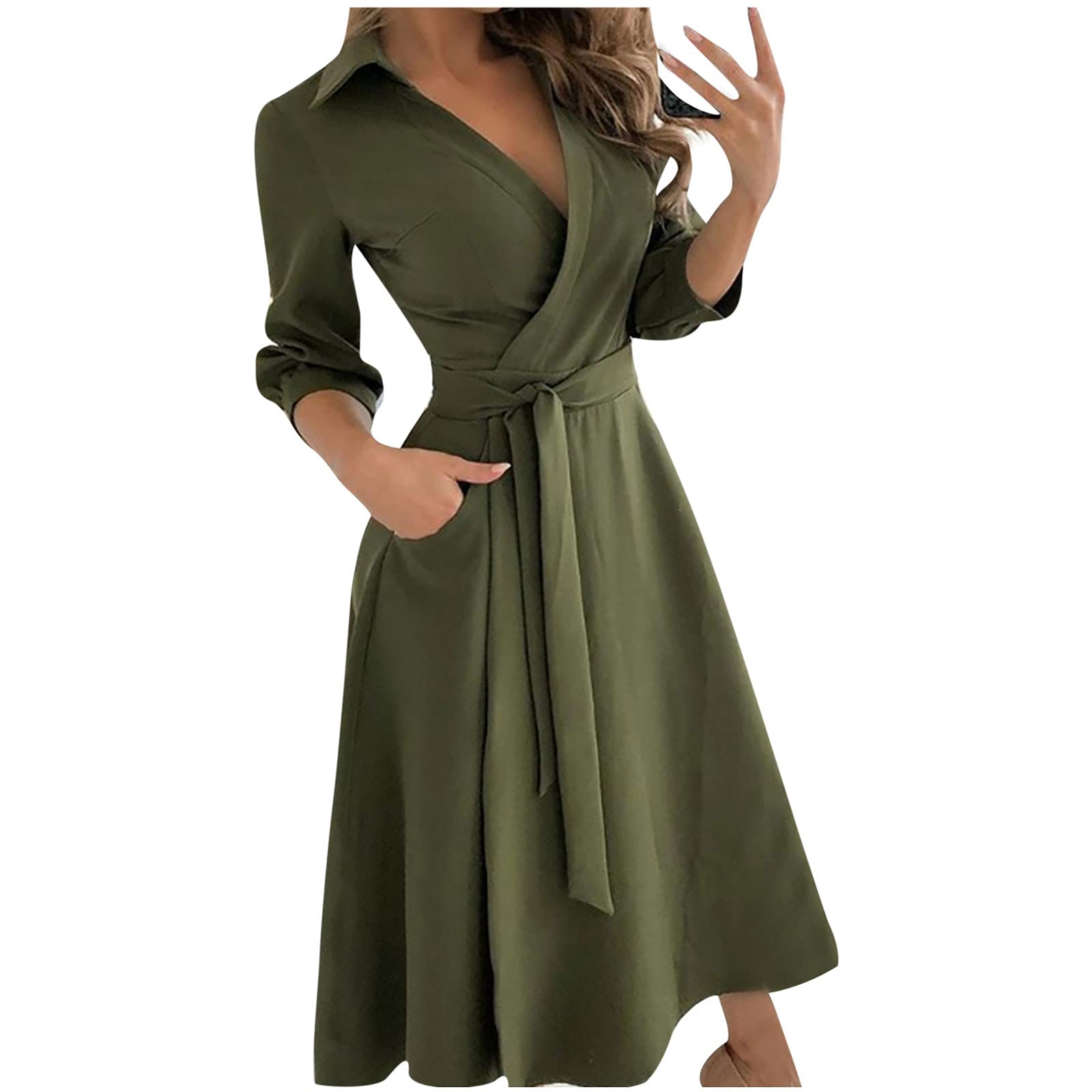 Elegant Women's Half Sleeve V-Neck Tie Waist Dress with Pockets - Crazypig Solid Color Formal Dress for Office, Party & Special Occasions