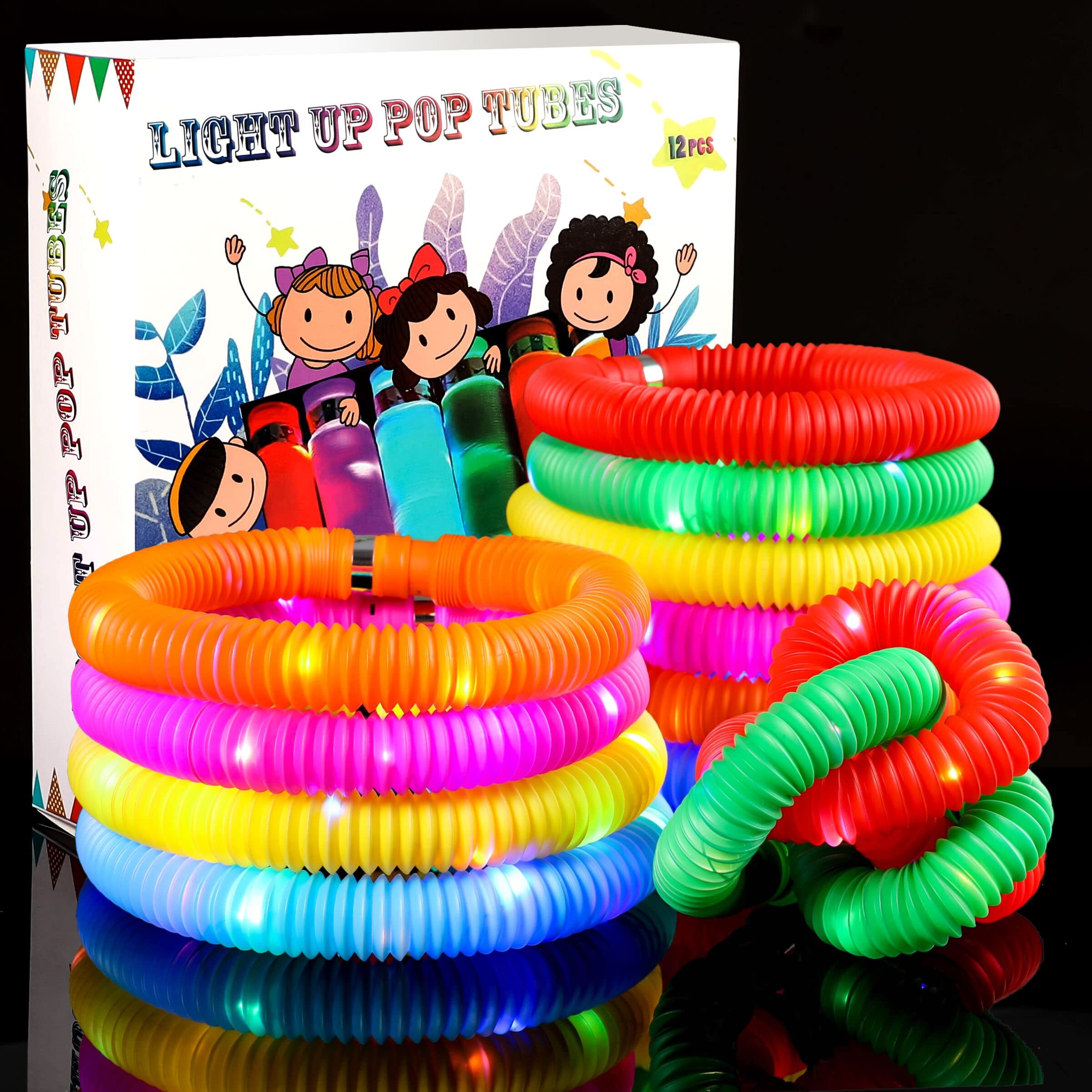 Glow-in-the-Dark Sensory Fidget Pop Tubes with Multicolor LED Lights - 12 Pack Light Up Party Favors for Kids, Stress Relief Toys, Autism Sensory Tools & Nighttime Room Decor